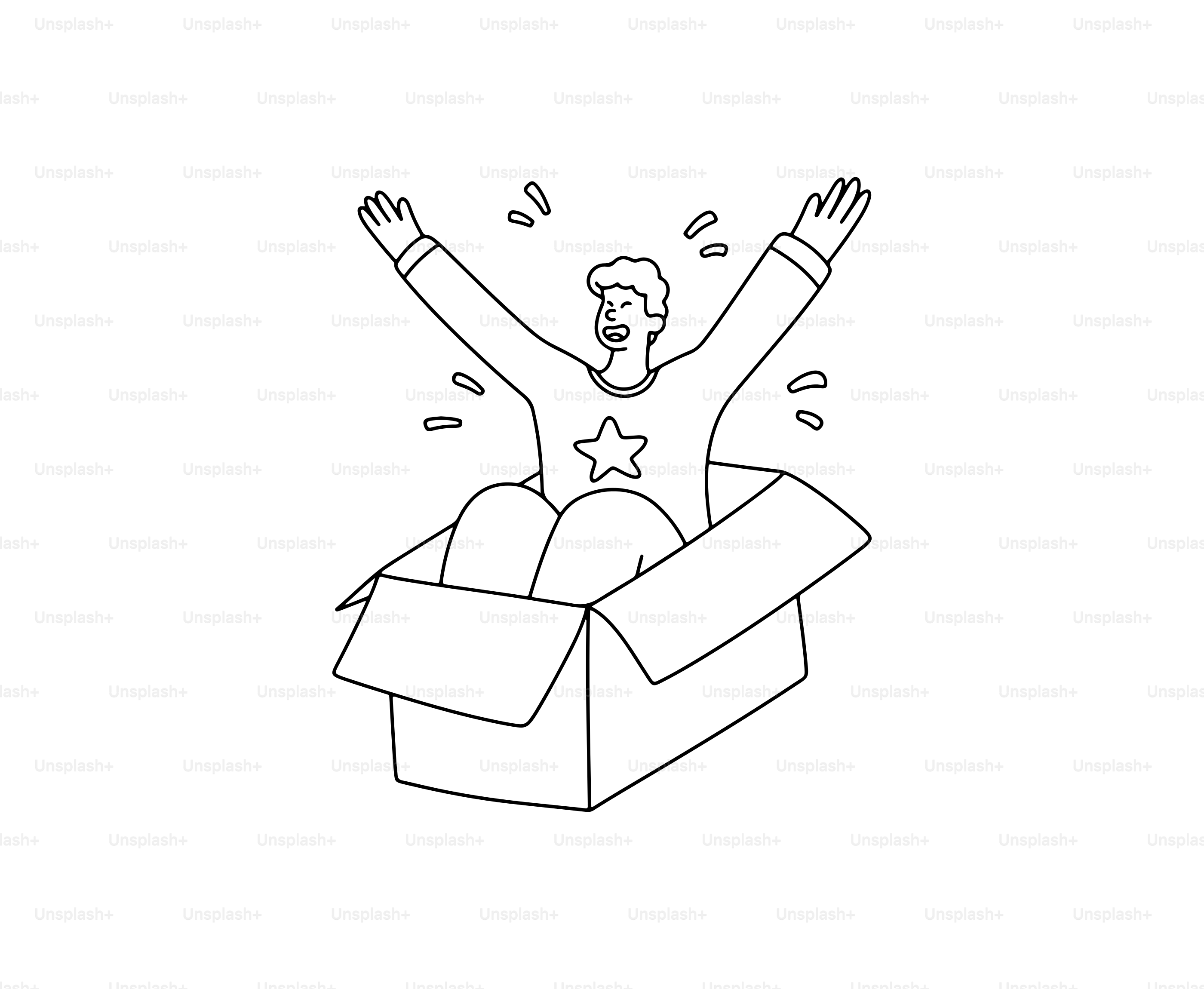 Man celebrating joyfully emerging from a cardboard box.