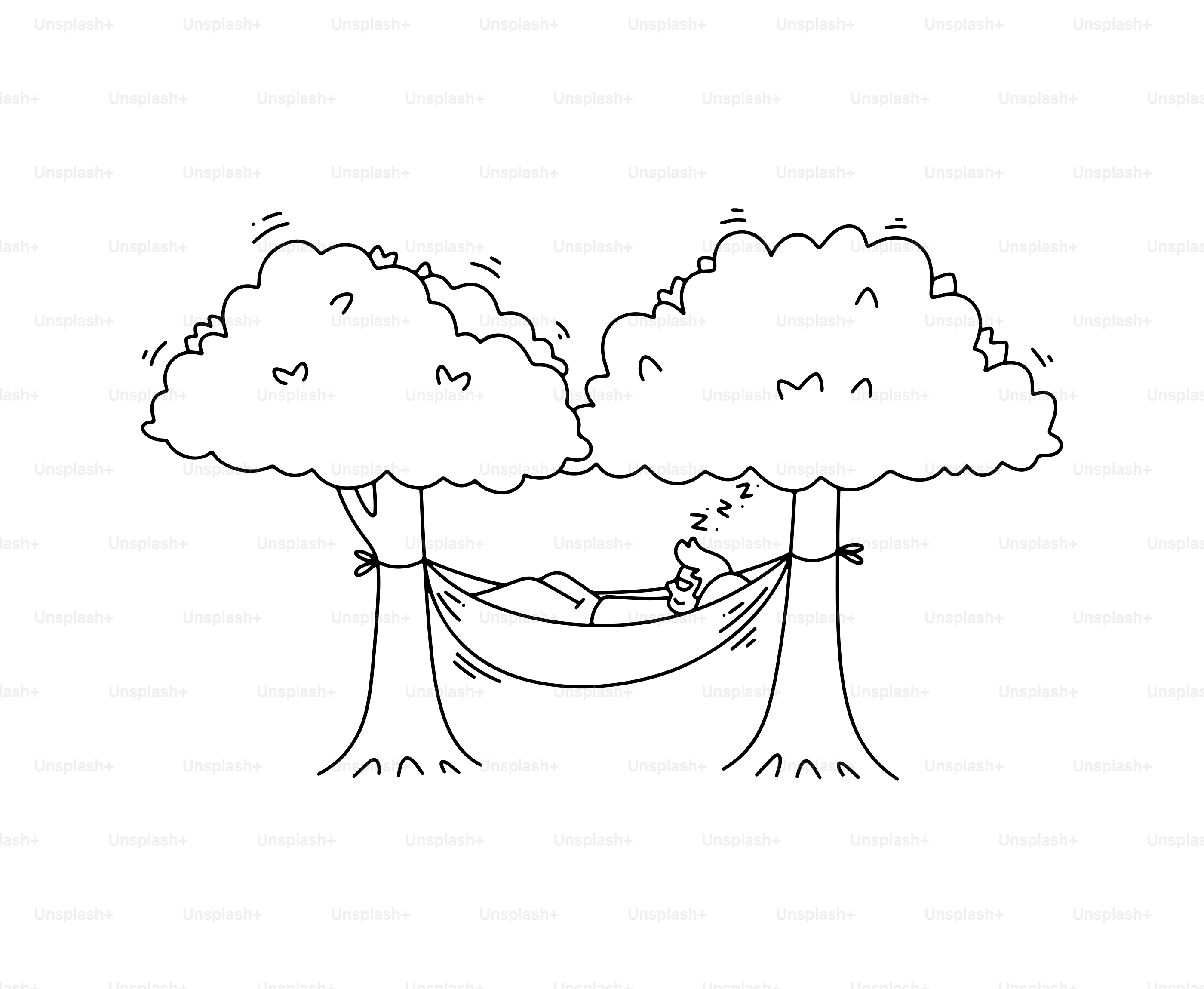 Person sleeping in a hammock between two trees.