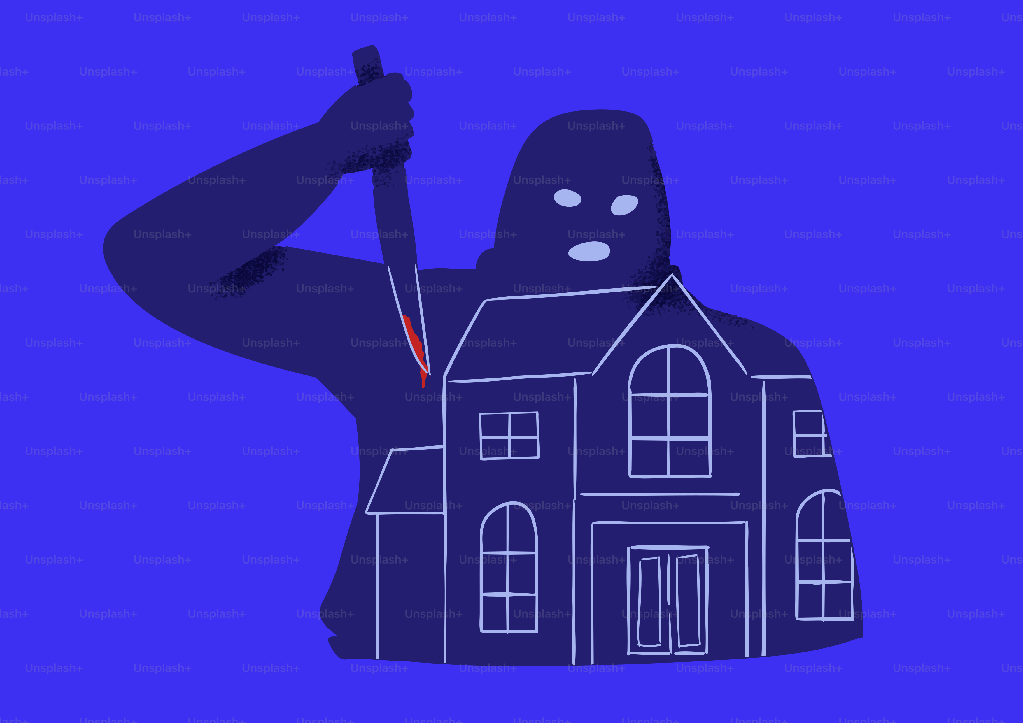 Burglar with knife attacks a house illustration