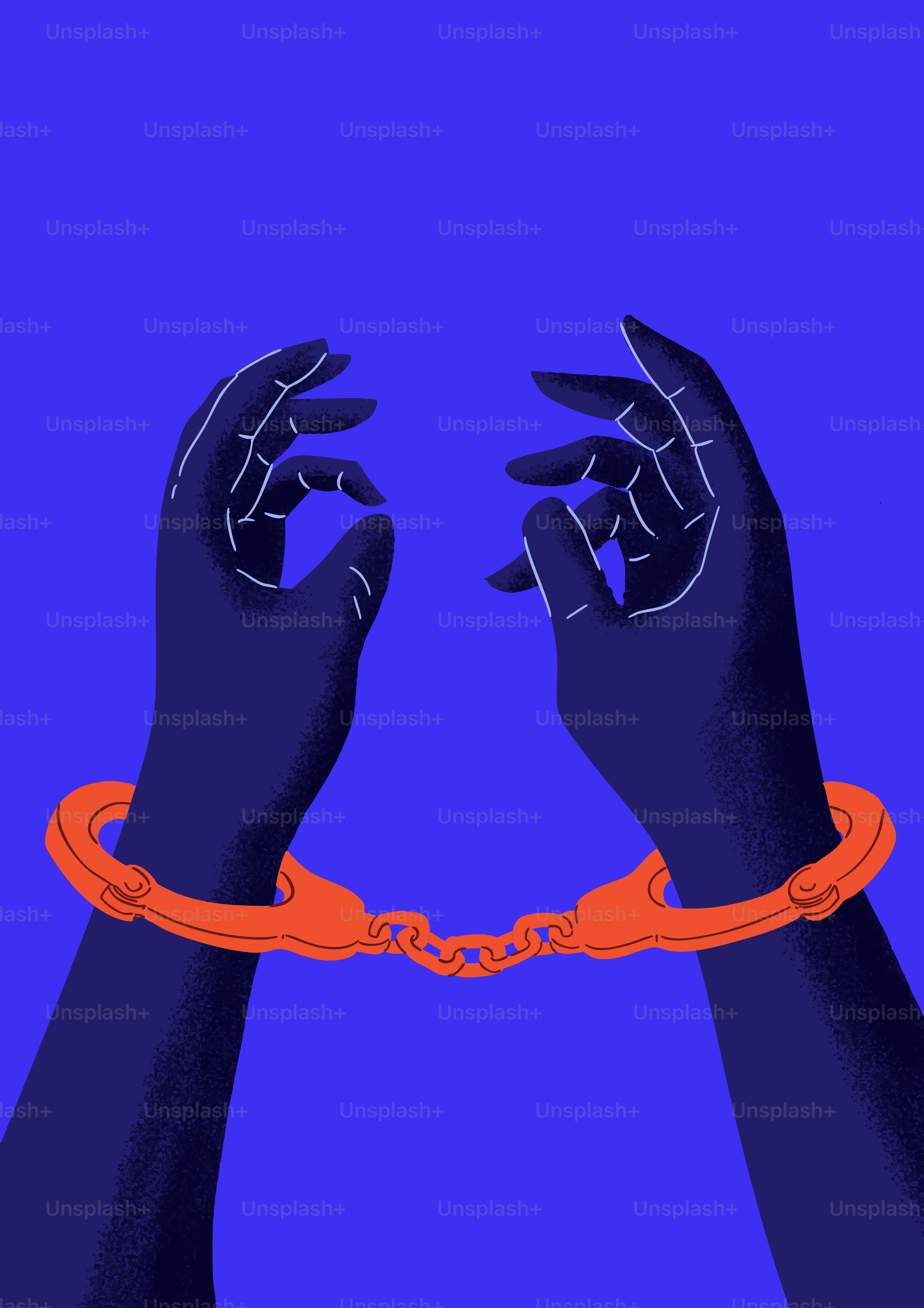 Hands bound by orange handcuffs against blue background