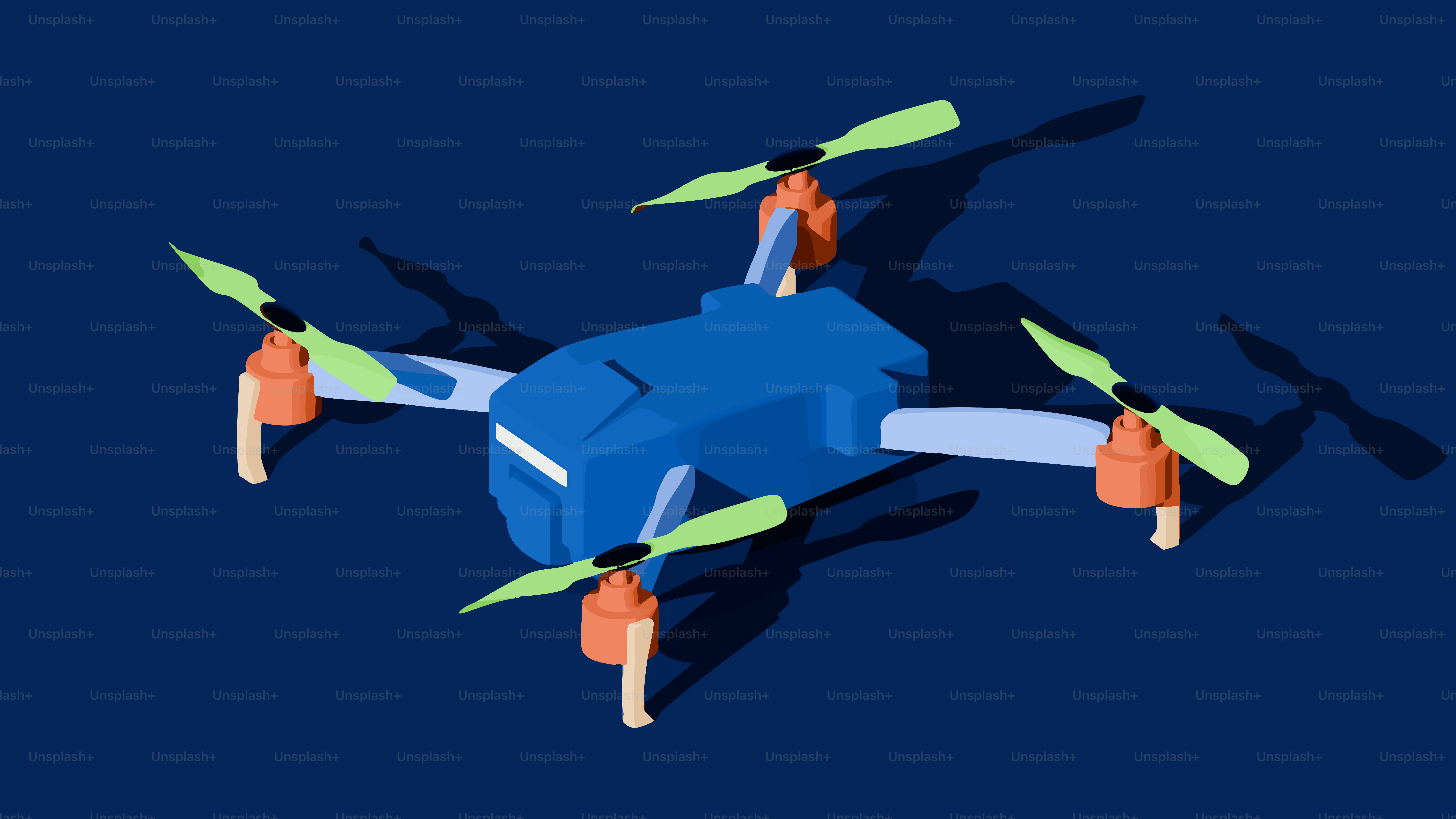 Eine blaue Drohne mit grünen Propellern auf dunklem Hintergrund