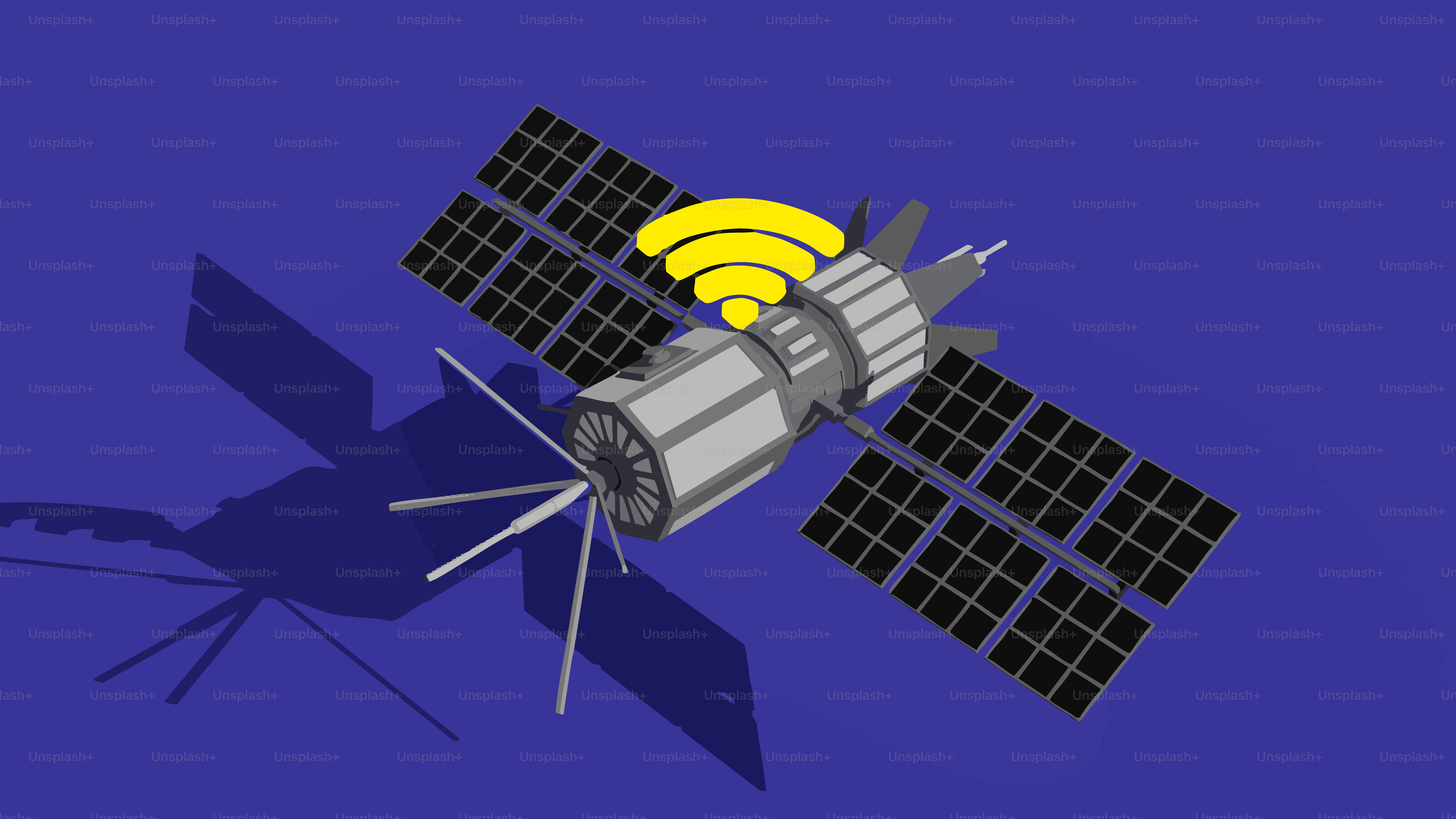 A satellite transmitting a signal against a blue background.