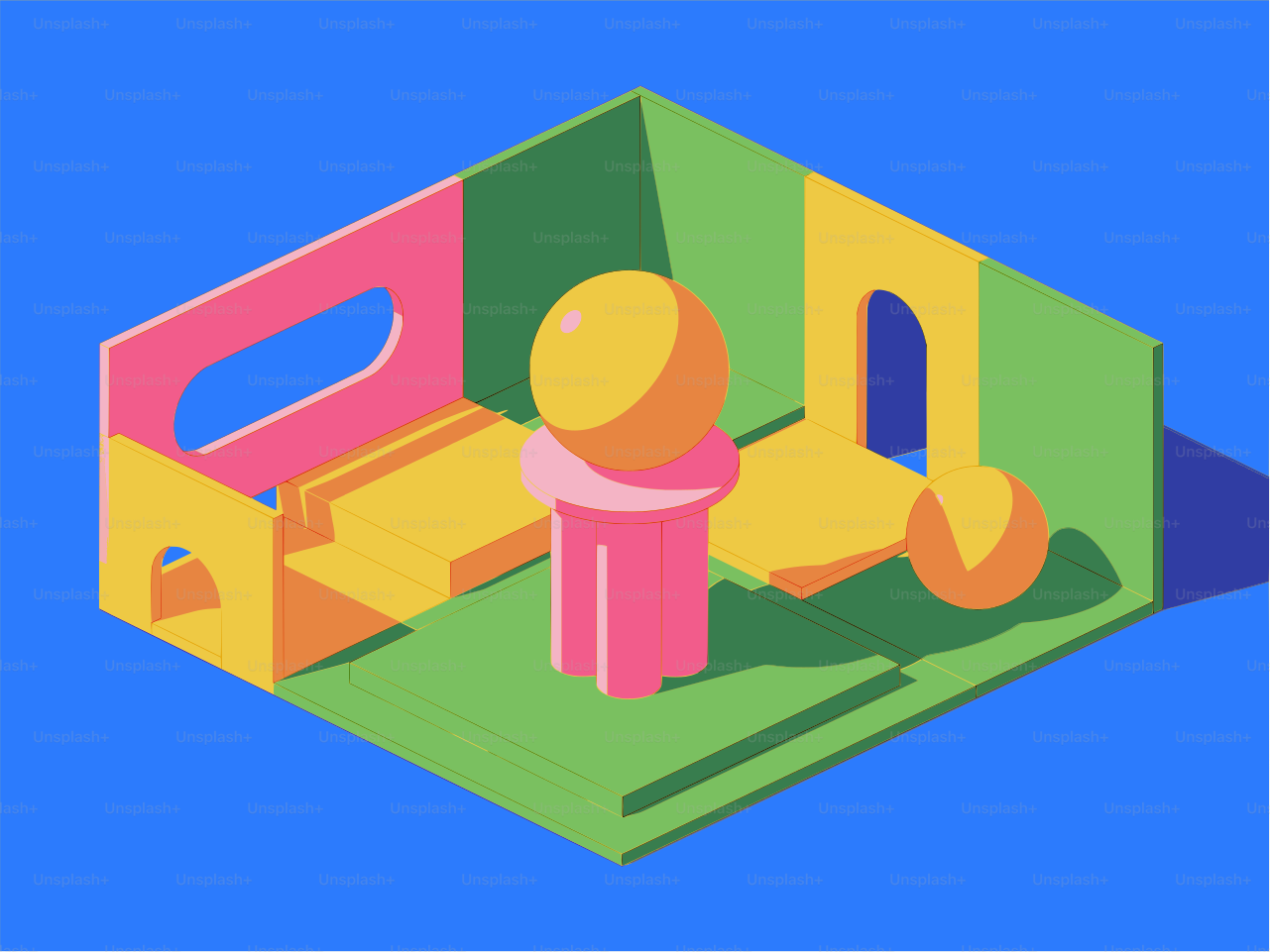 色鮮やかな幾何学的形状や球体が特徴のアイソメトリックな部屋