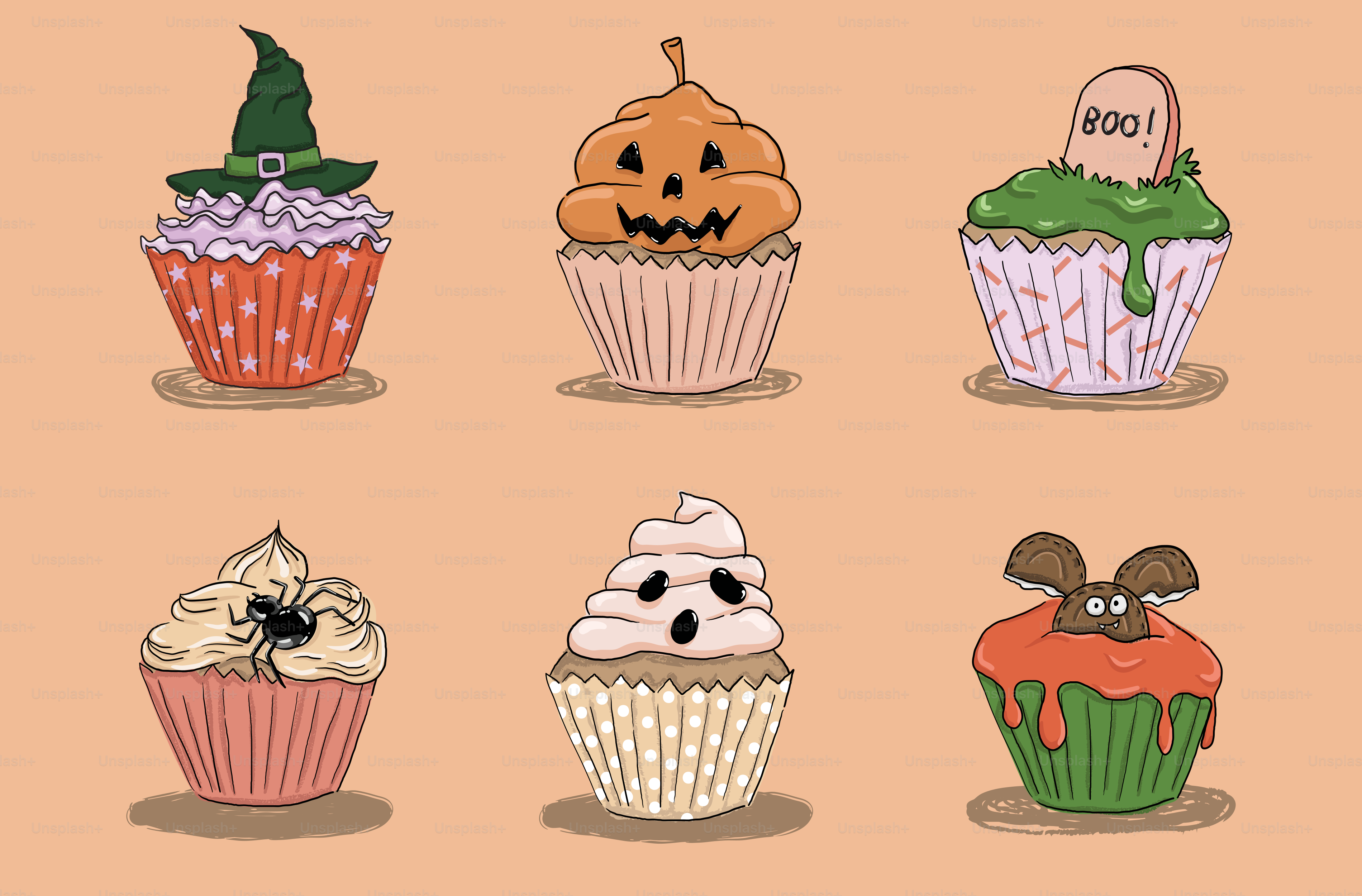 Sechs Halloween-Cupcakes mit verschiedenen Dekorationen.
