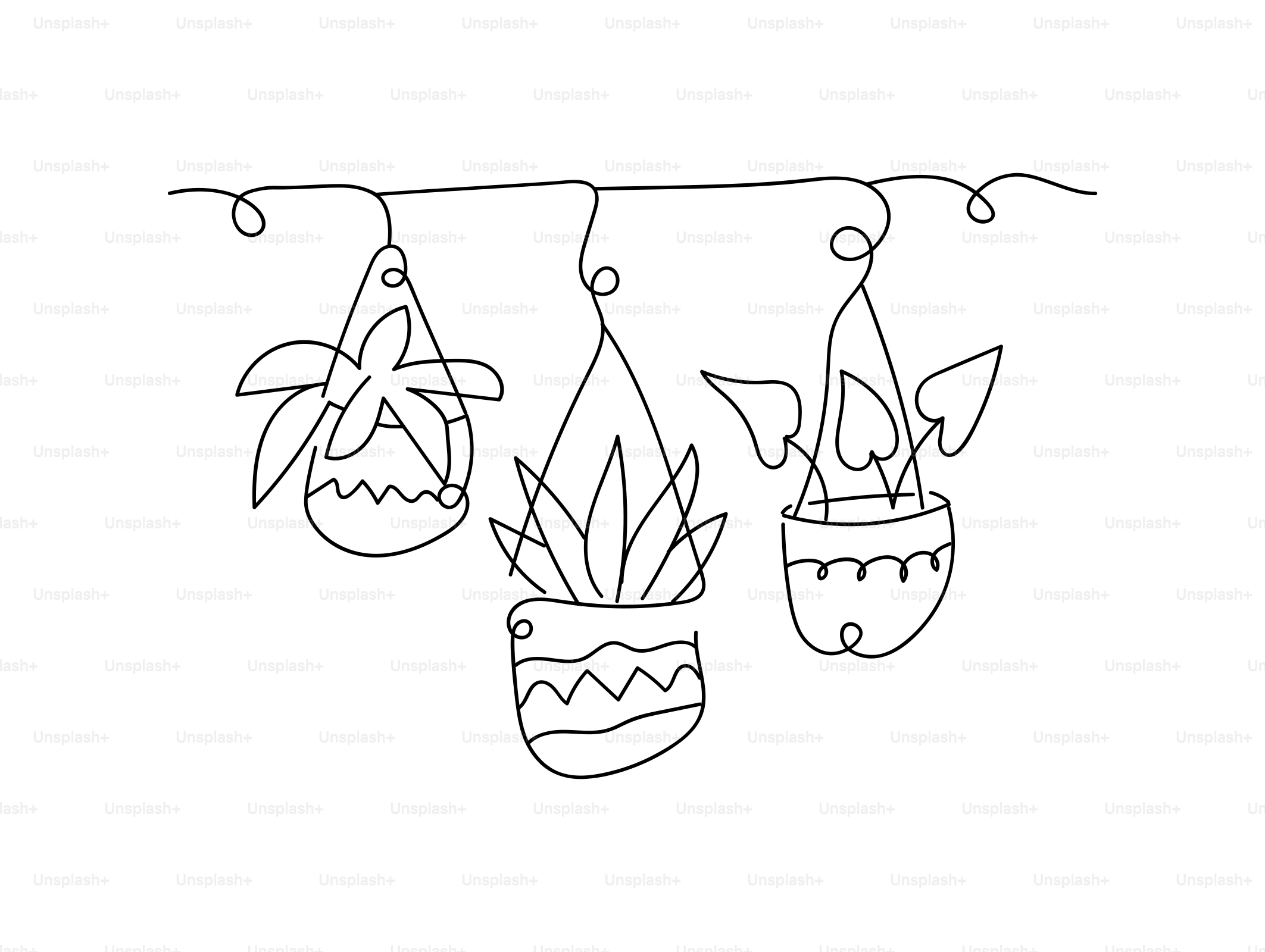 Three hanging plants in pots drawn with single line.