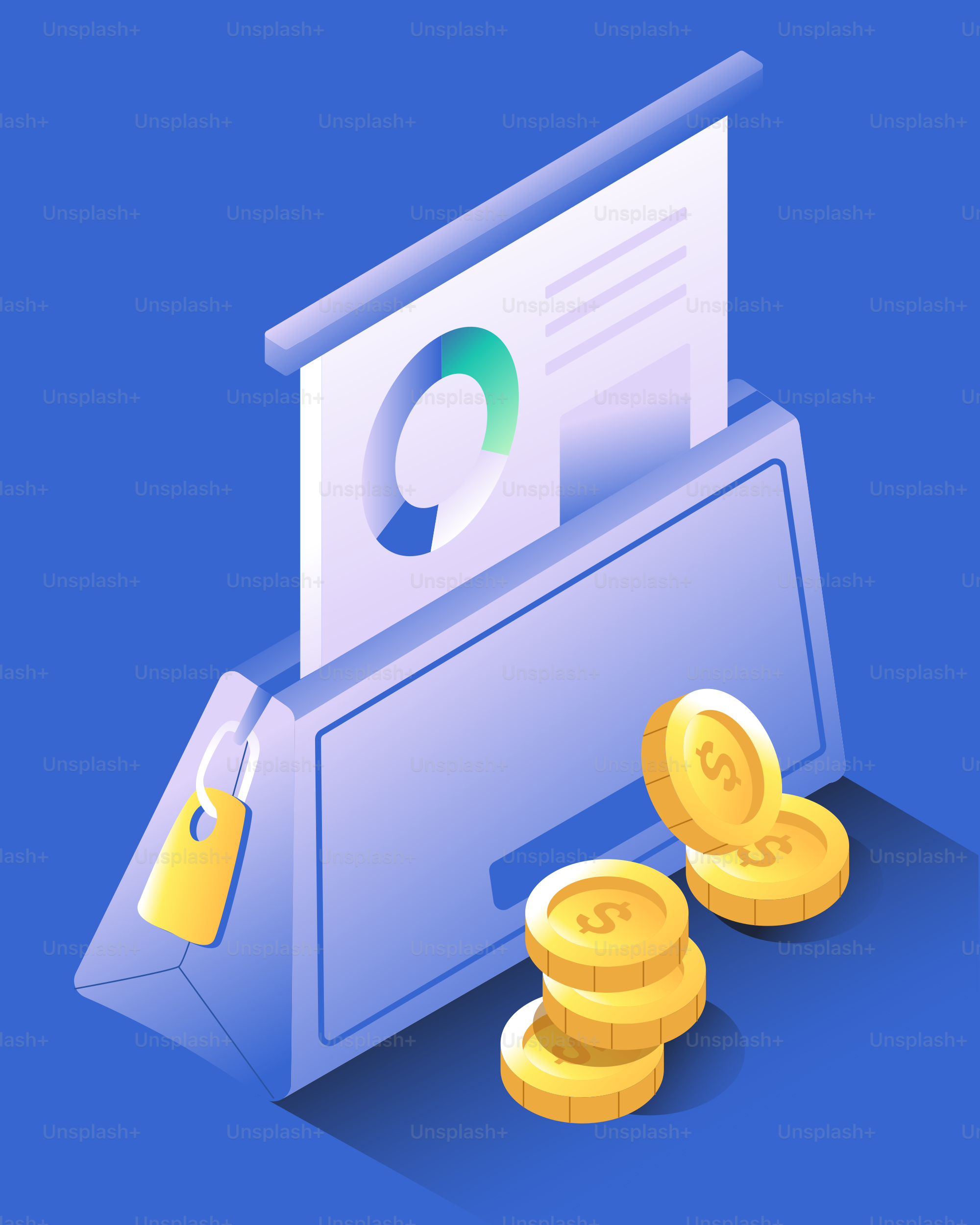 Financial report with coins and lock