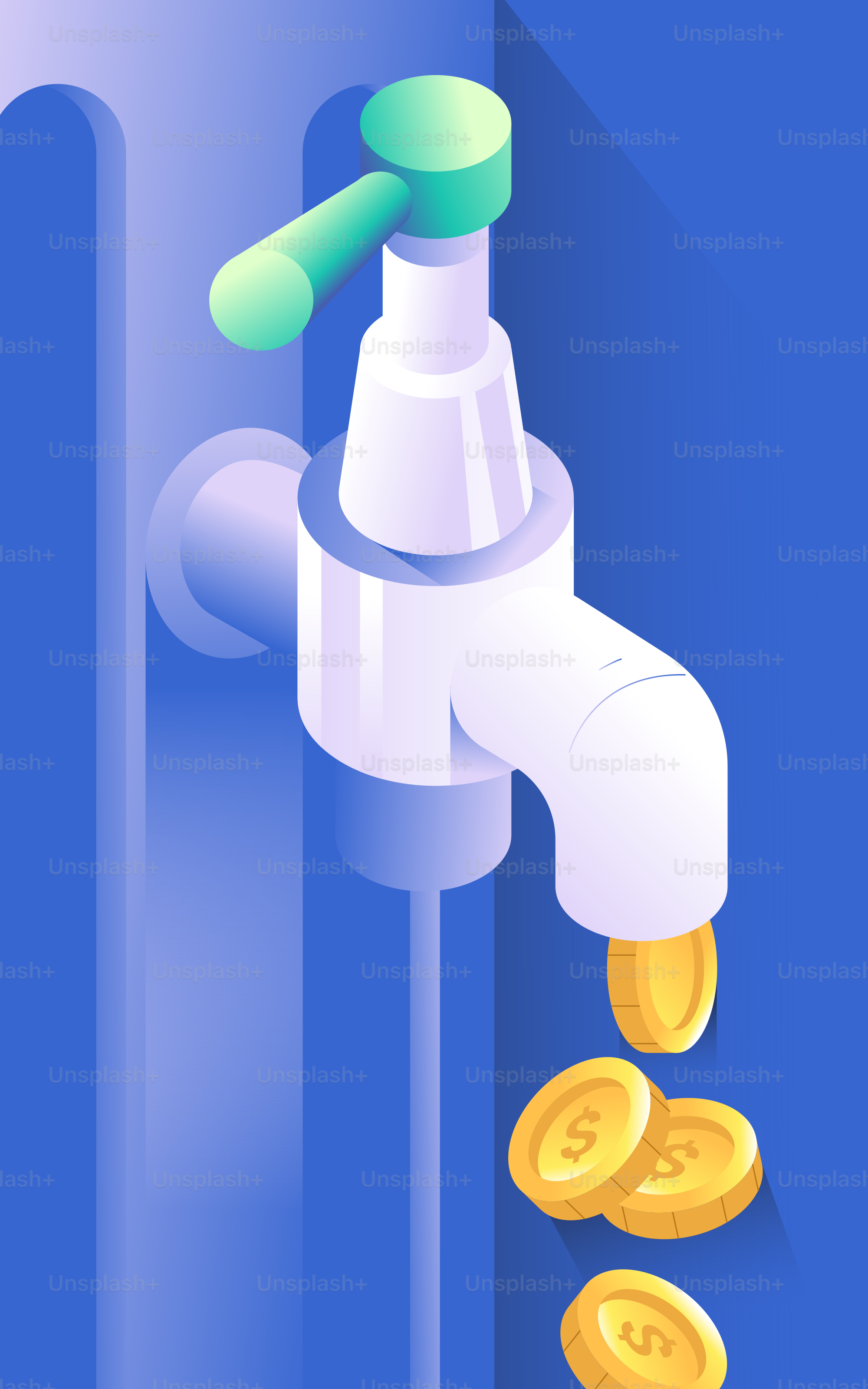 A faucet dripping gold coins on a blue background.