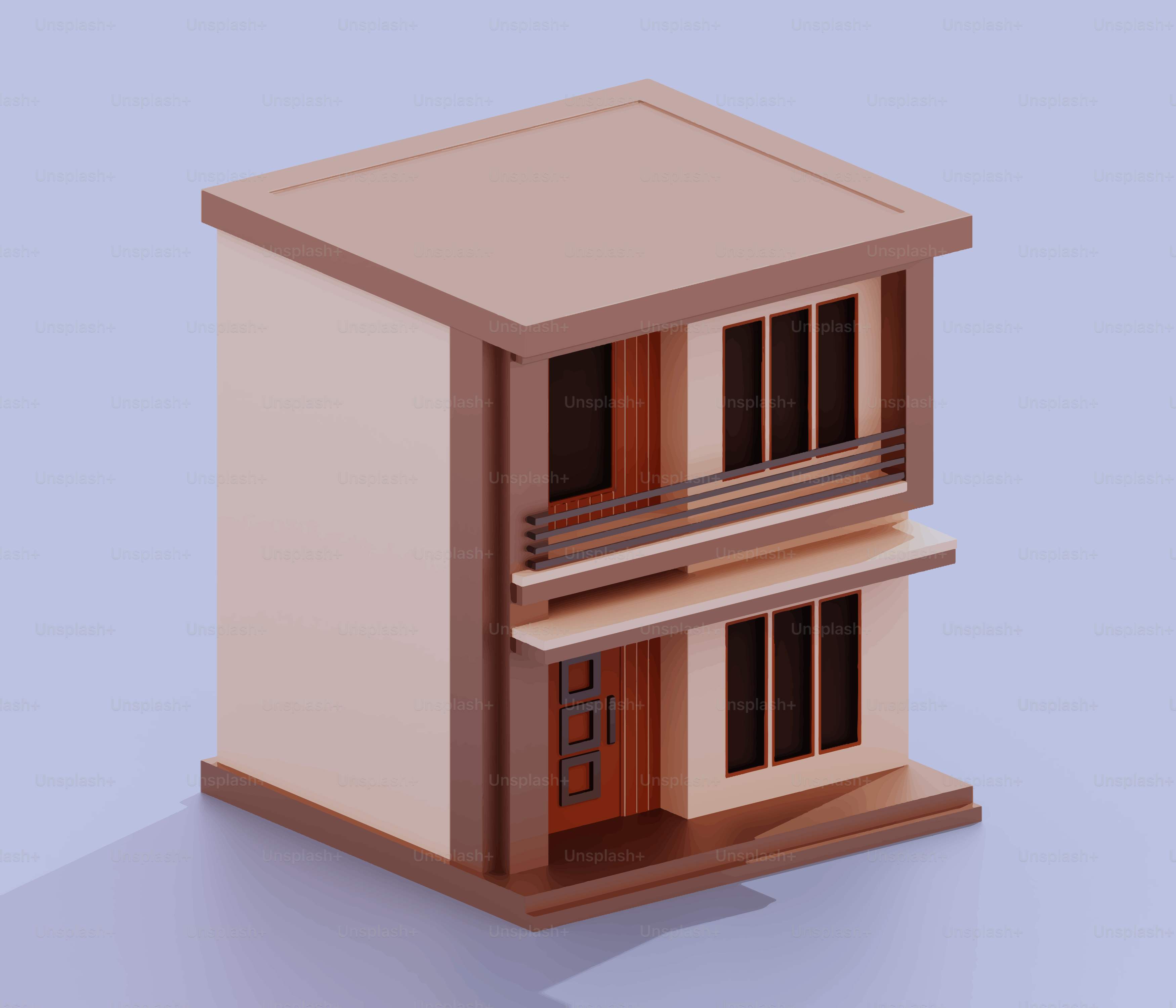 Ein modernes zweistöckiges Haus mit Flachdach.