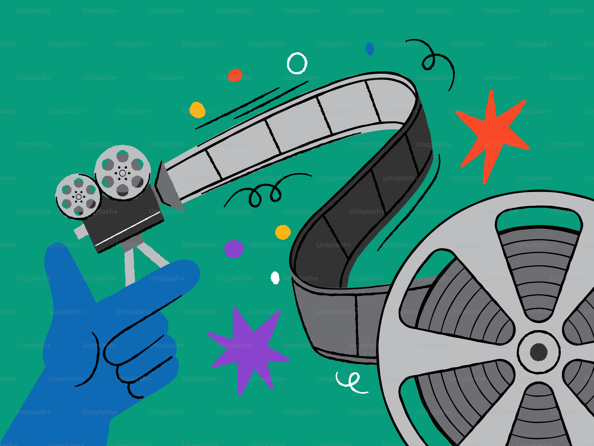 Vintage film camera and reel with colorful accents