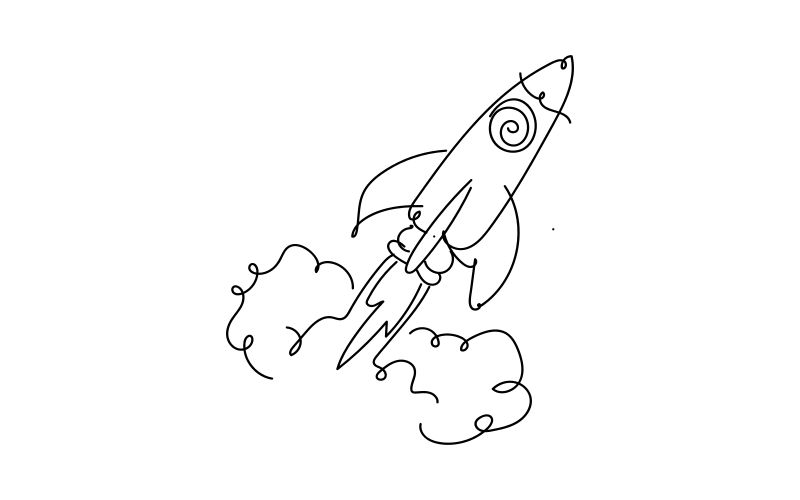 A simple line drawing of a rocket ship launching.