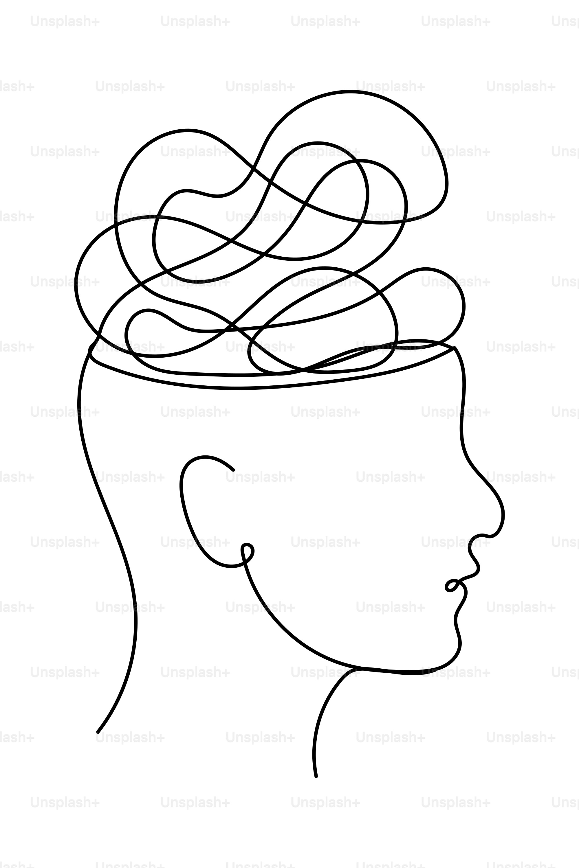 Abstract line art of a head with tangled thoughts.
