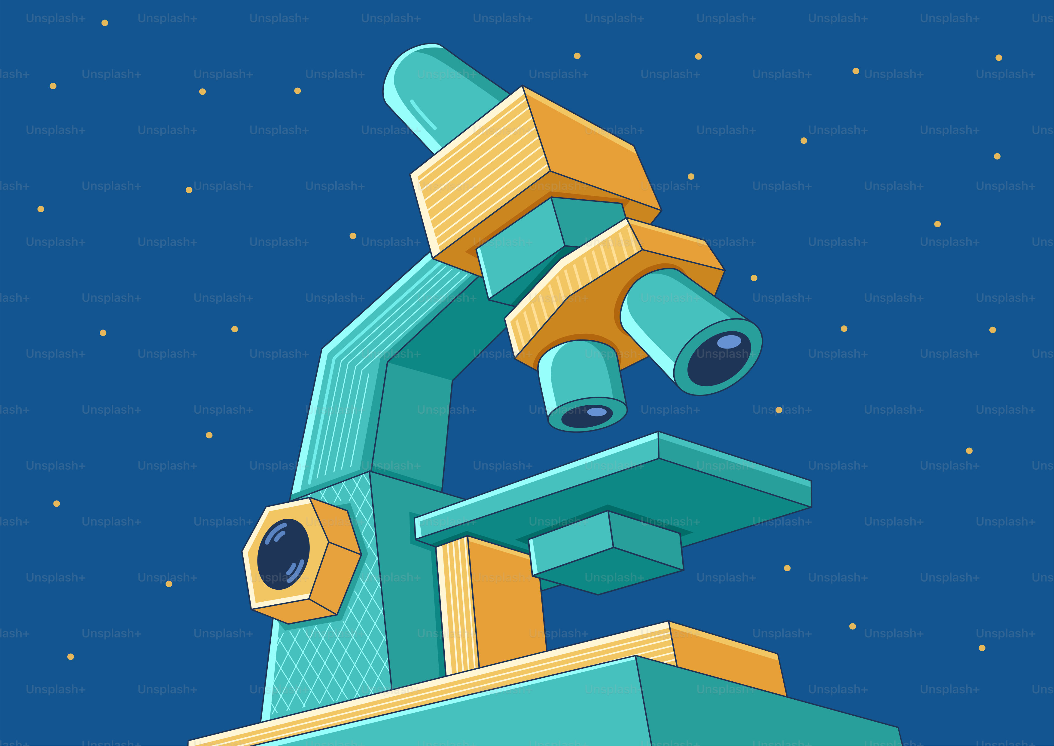 A teal and yellow microscope on a starry blue background.