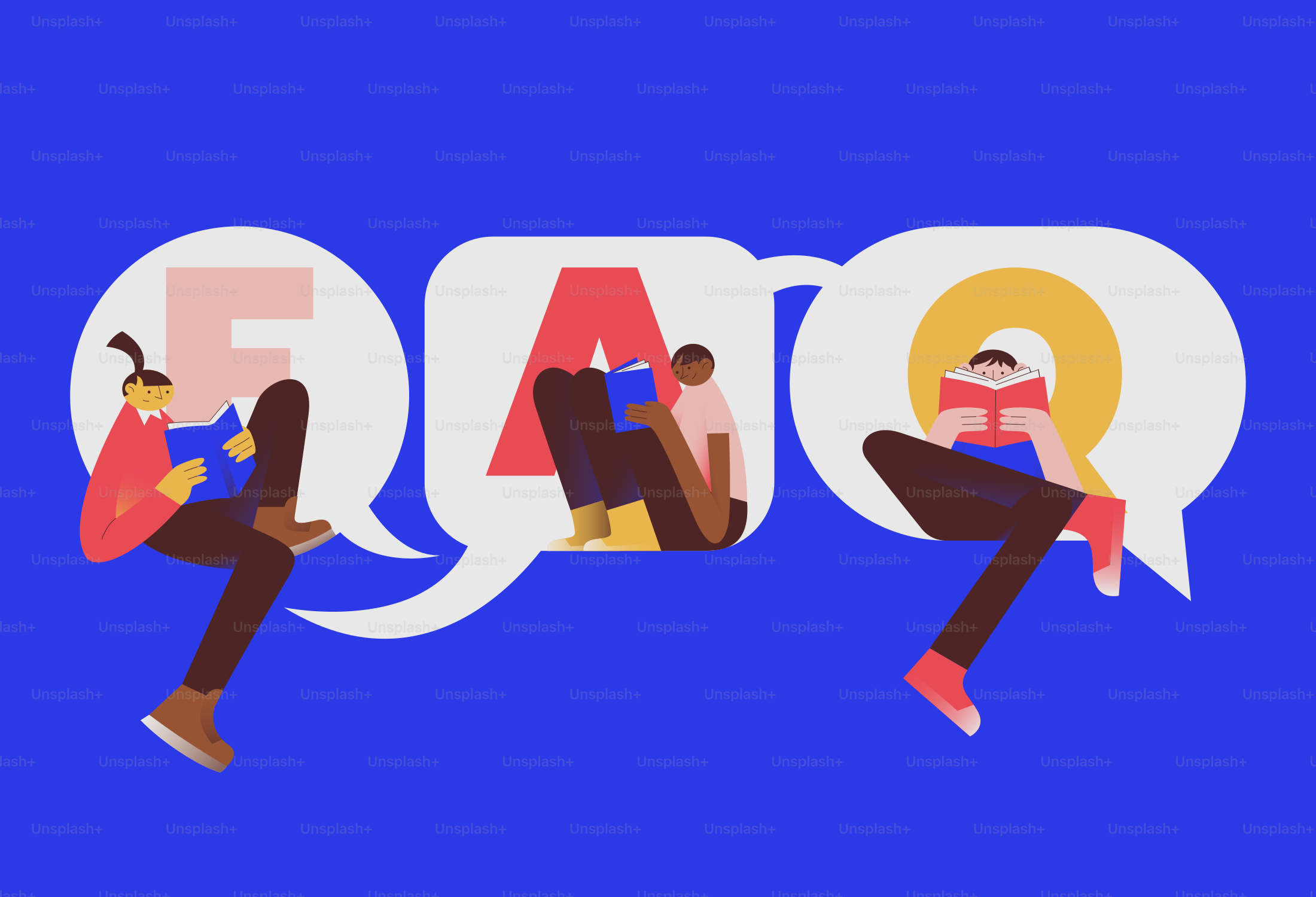 People reading inside faq speech bubbles