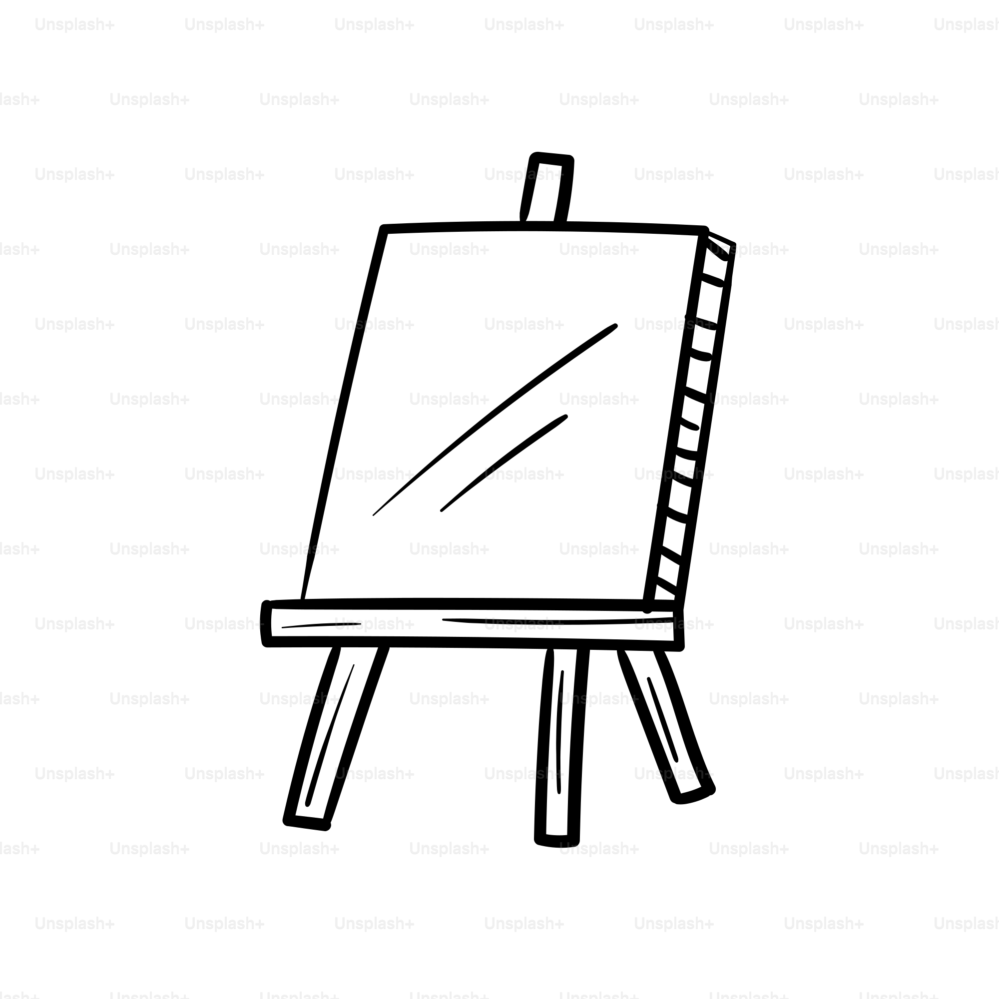 A simple drawing of an easel with a blank canvas.