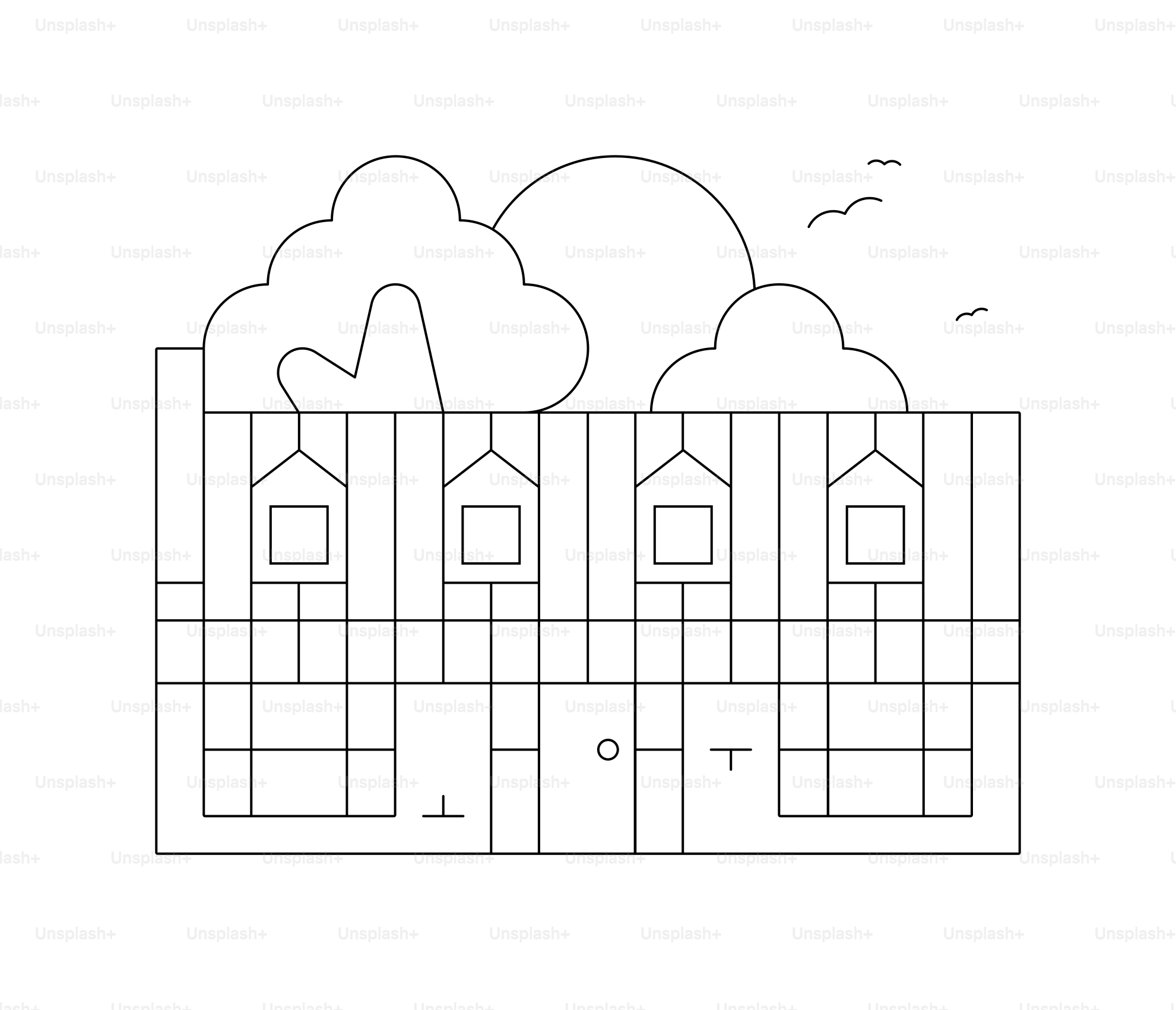 Stylized line drawing of a house with clouds and sun.