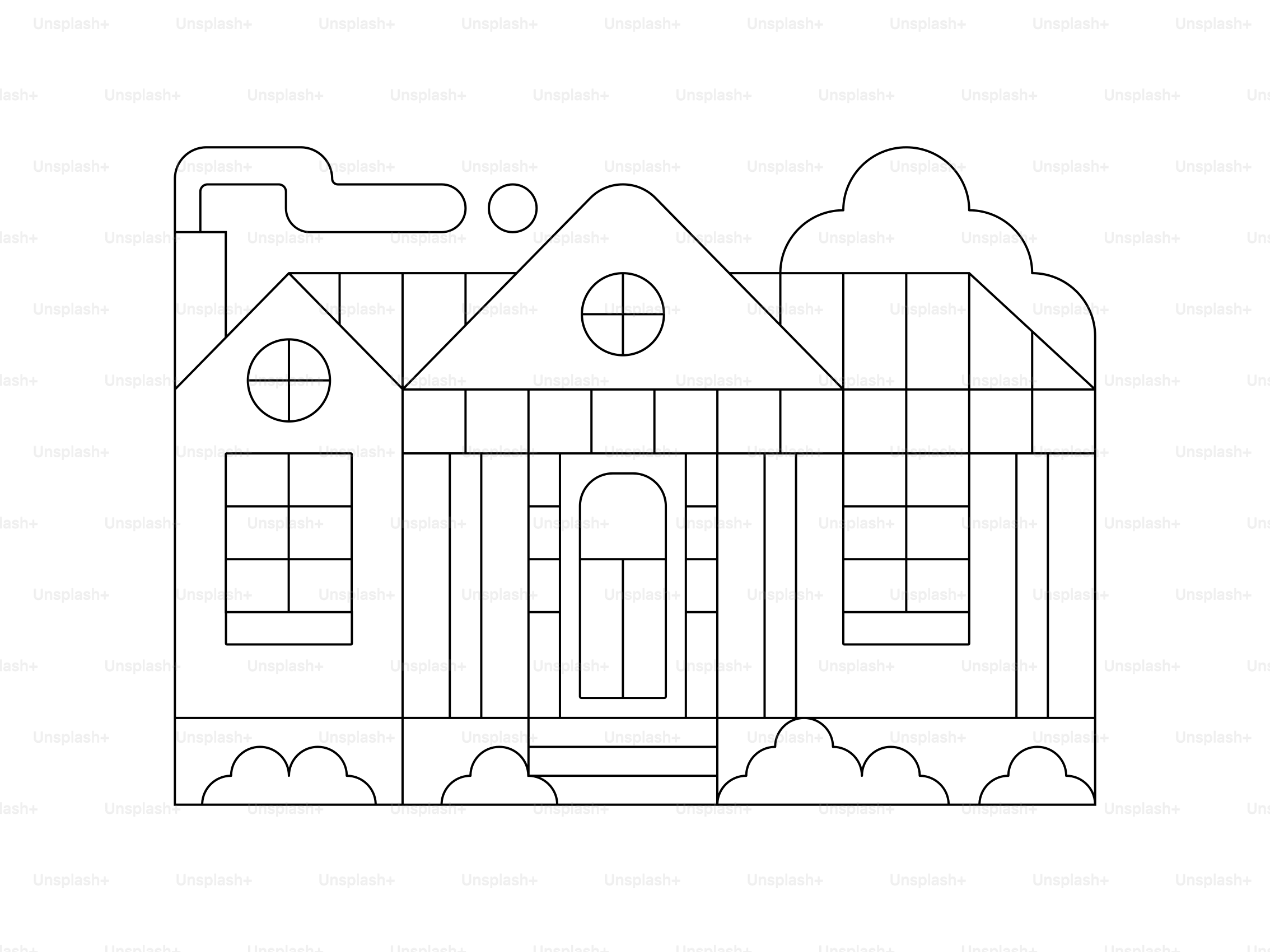 Outline of a simple house with windows and chimney