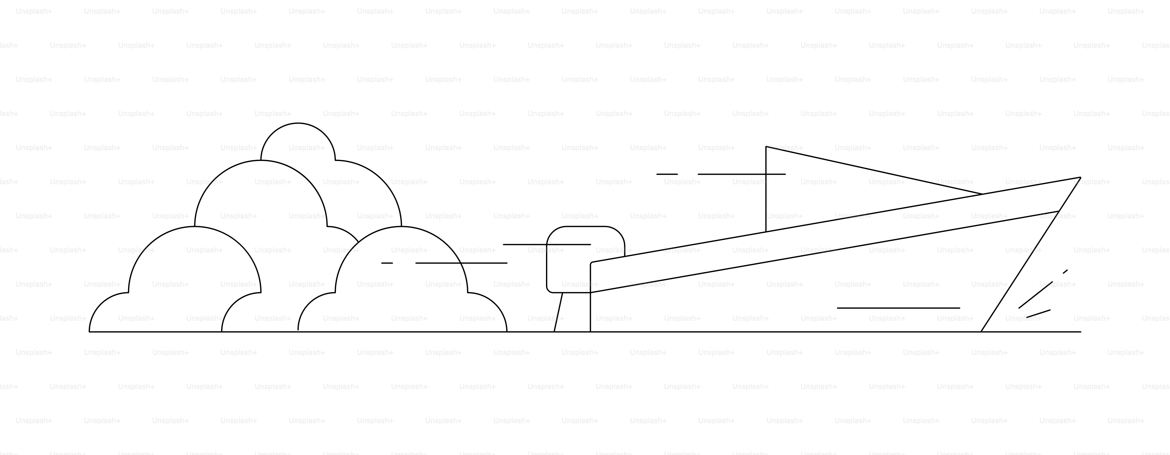 Line art of a boat moving through water with clouds