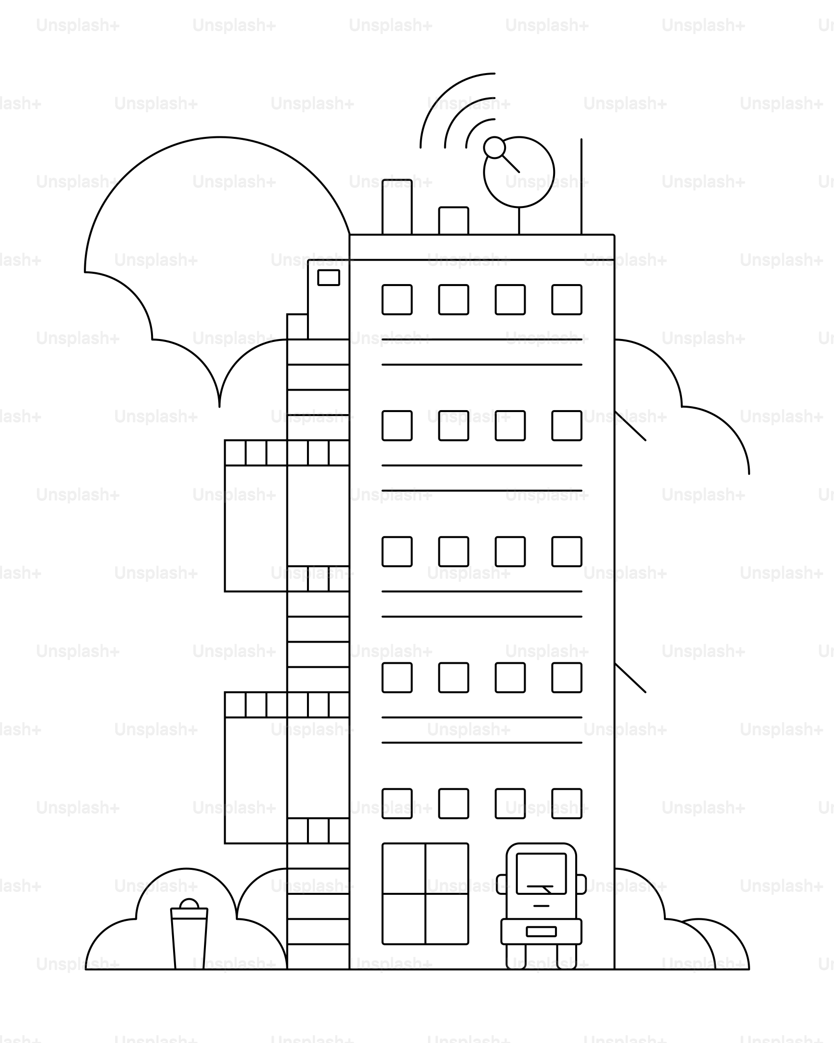 Line art of a tall building with satellite dish.
