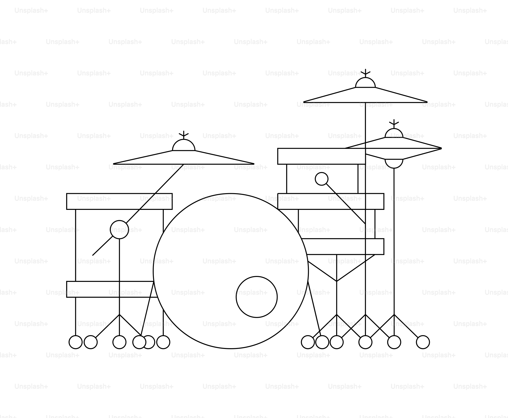 Minimalist outline of a drum set on white background.