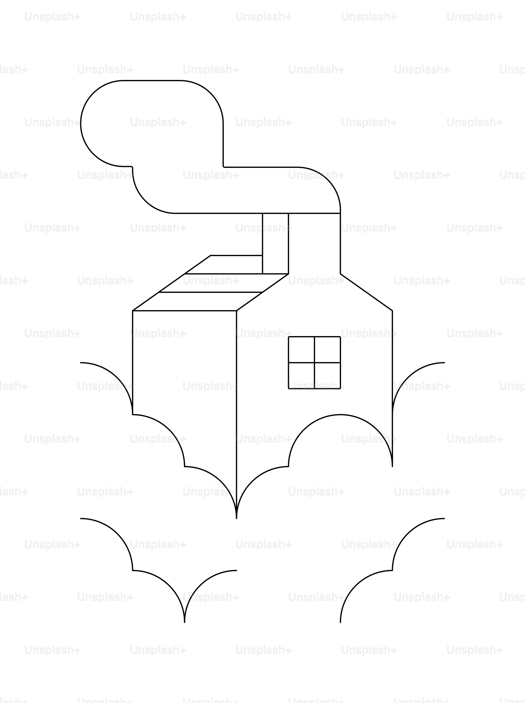 Minimalist line drawing of a house in clouds