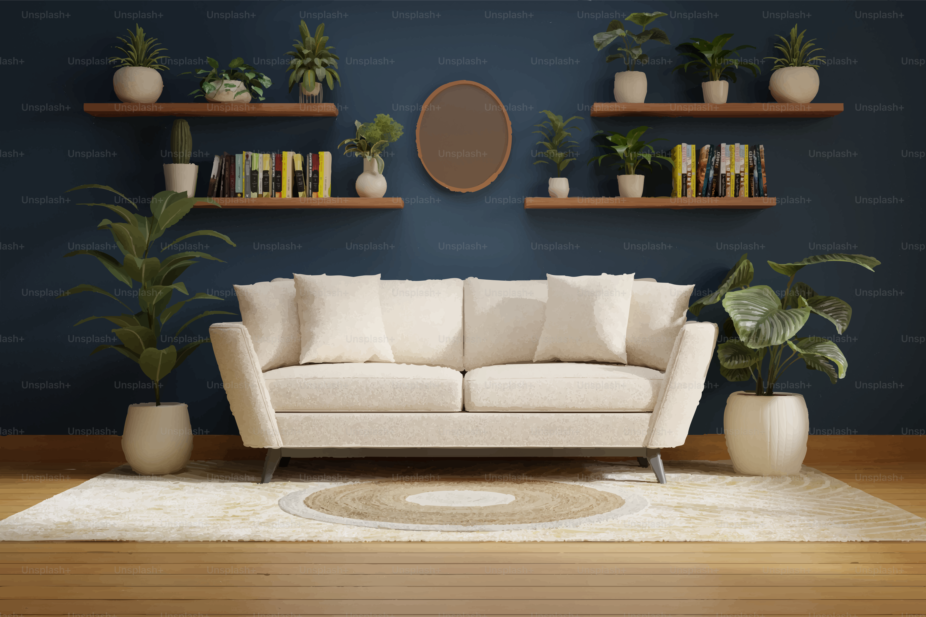 A comfortable cream sofa in a living room.