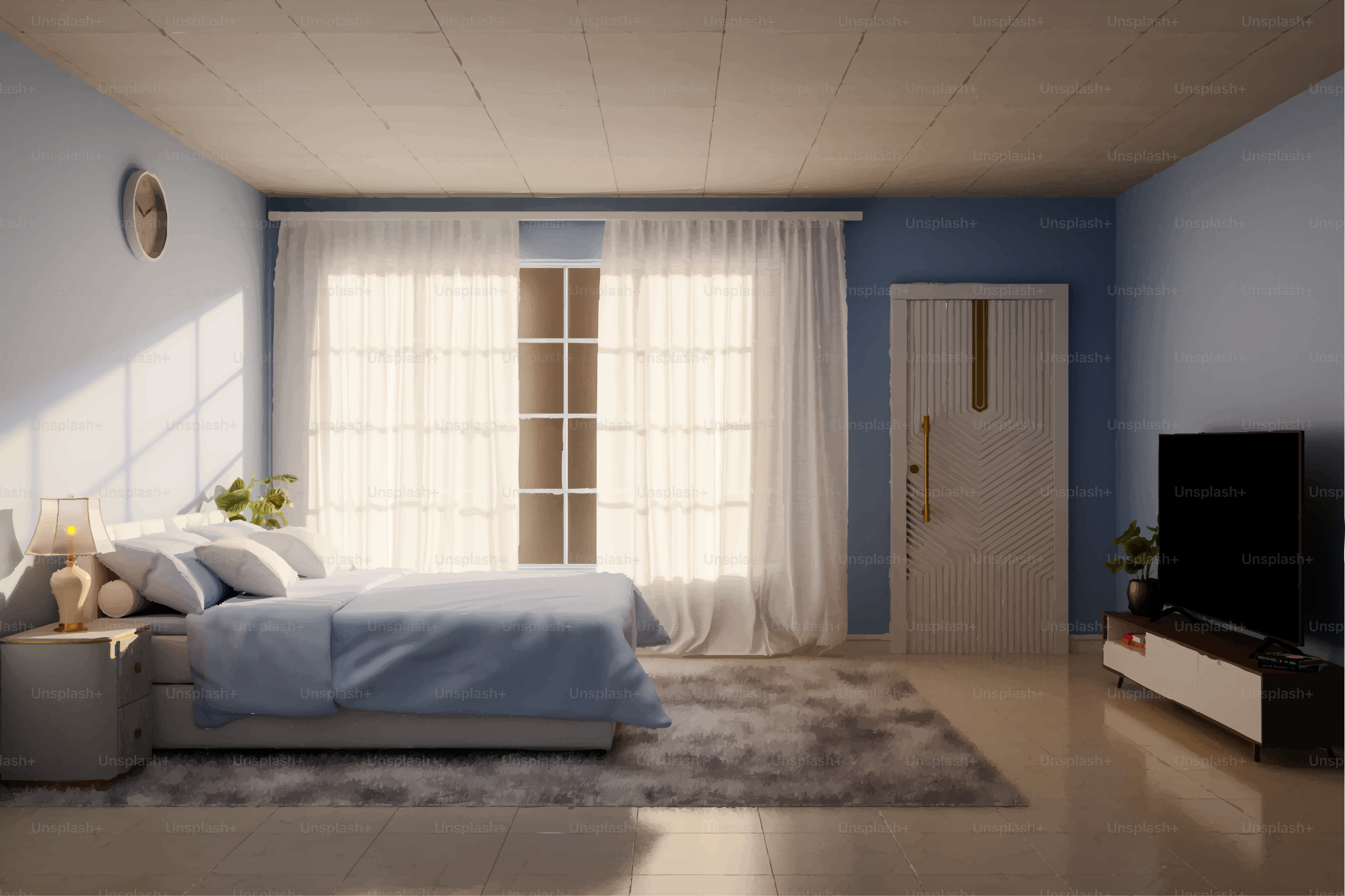 A tidy bedroom with a large window and television.