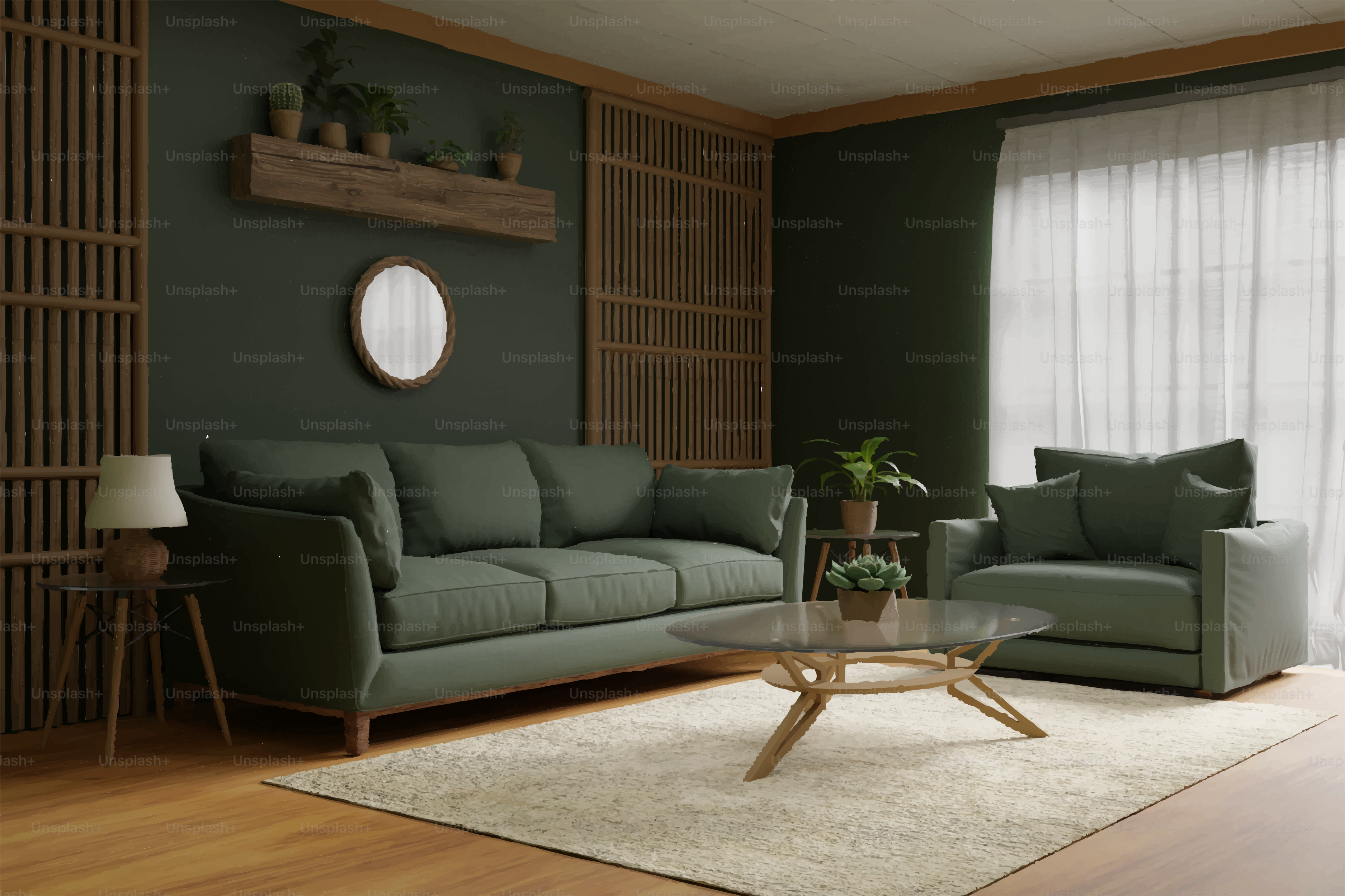 緑色のソファとアームチェアが配られたモダンなリビングルーム。