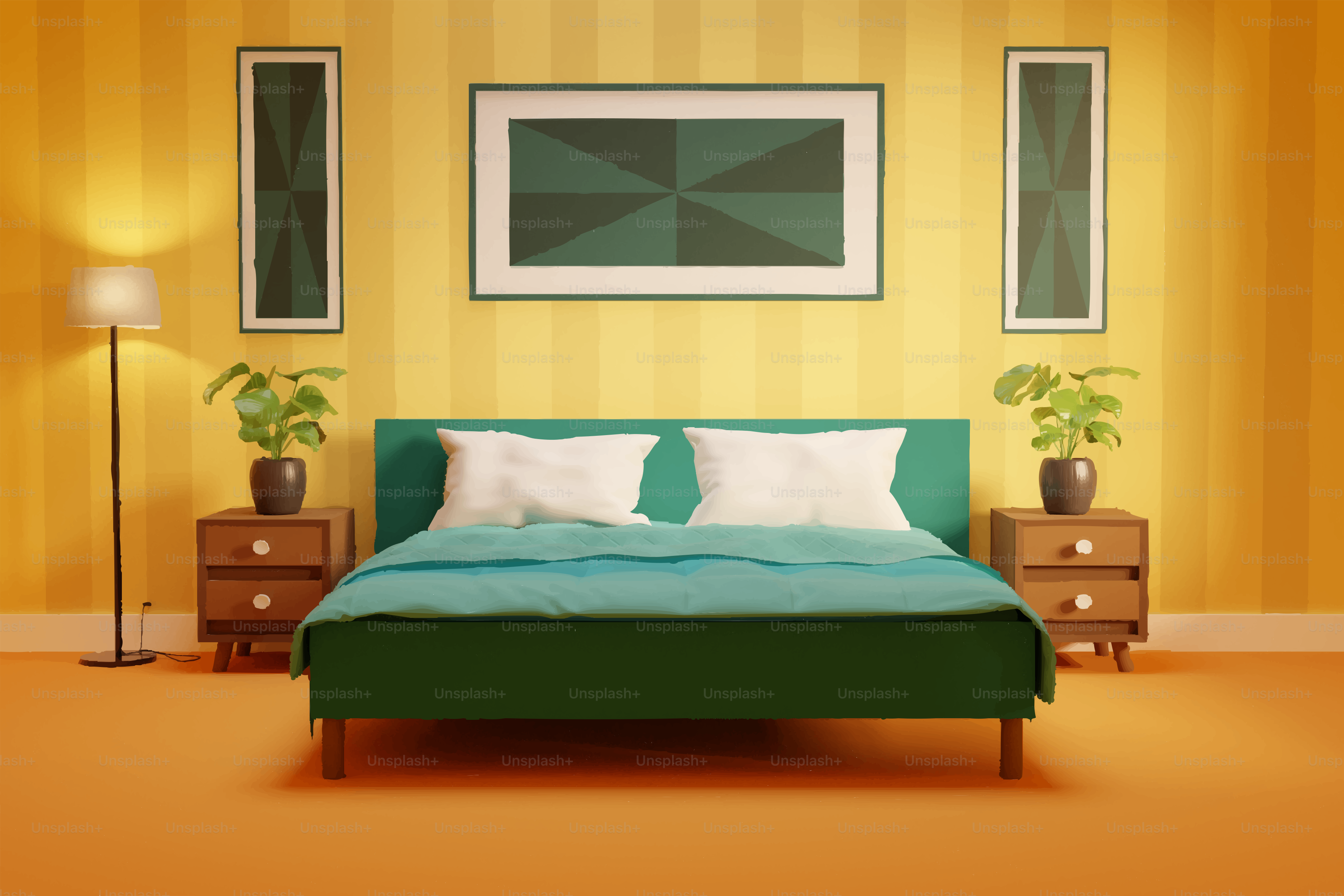A bedroom with a green bed and yellow walls