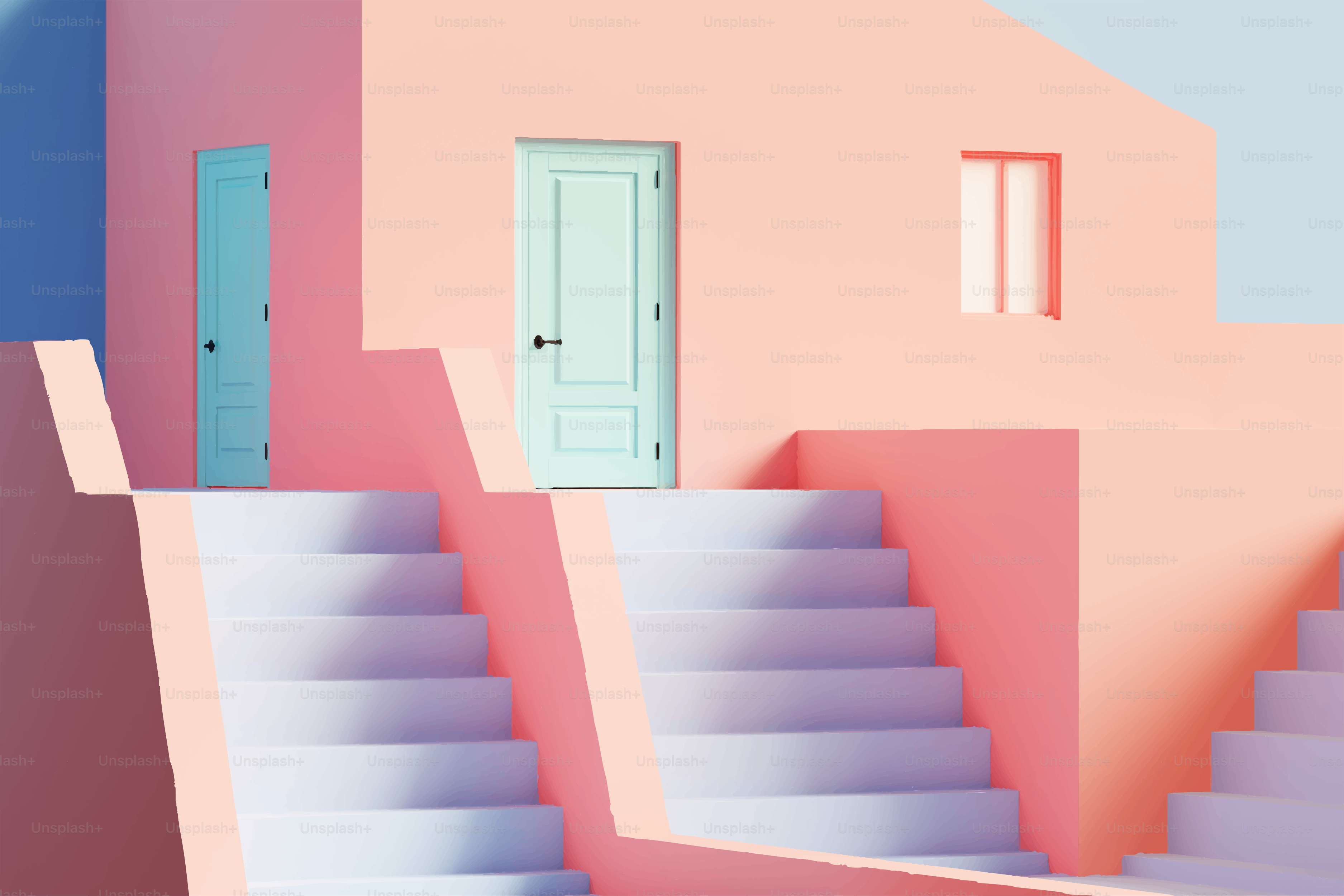 Pastel colored stairs leading to doors
