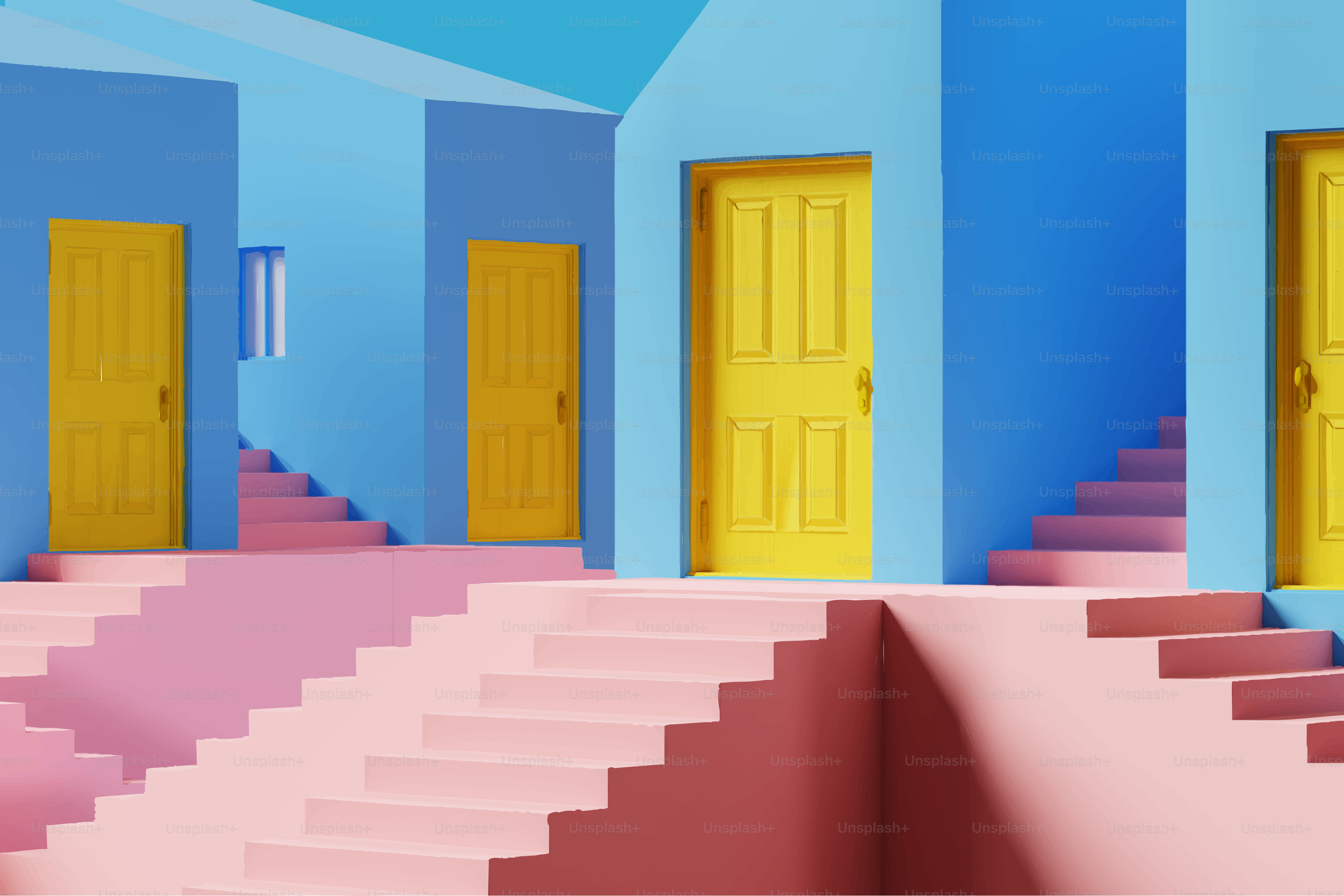 Pink stairs lead to yellow doors in blue rooms