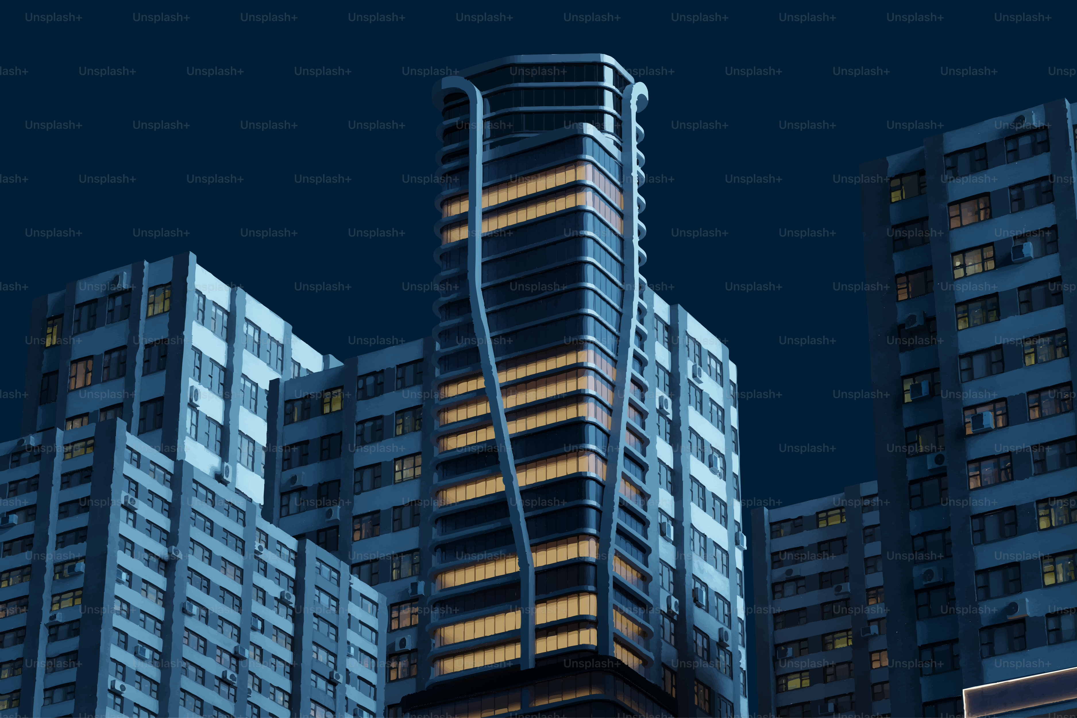 Gratte-ciel modernes illuminés contre un ciel nocturne sombre