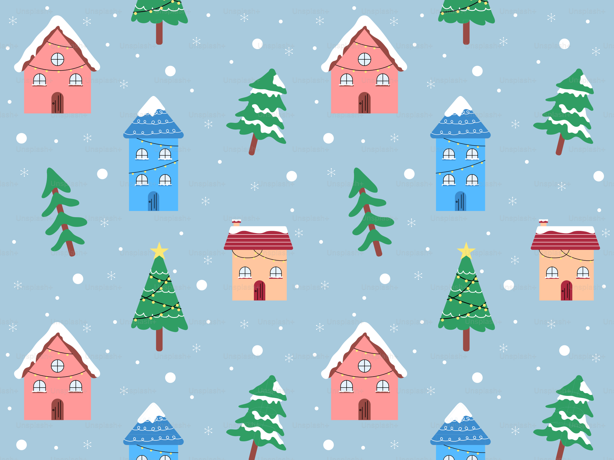 Cartoon houses and christmas trees in snow