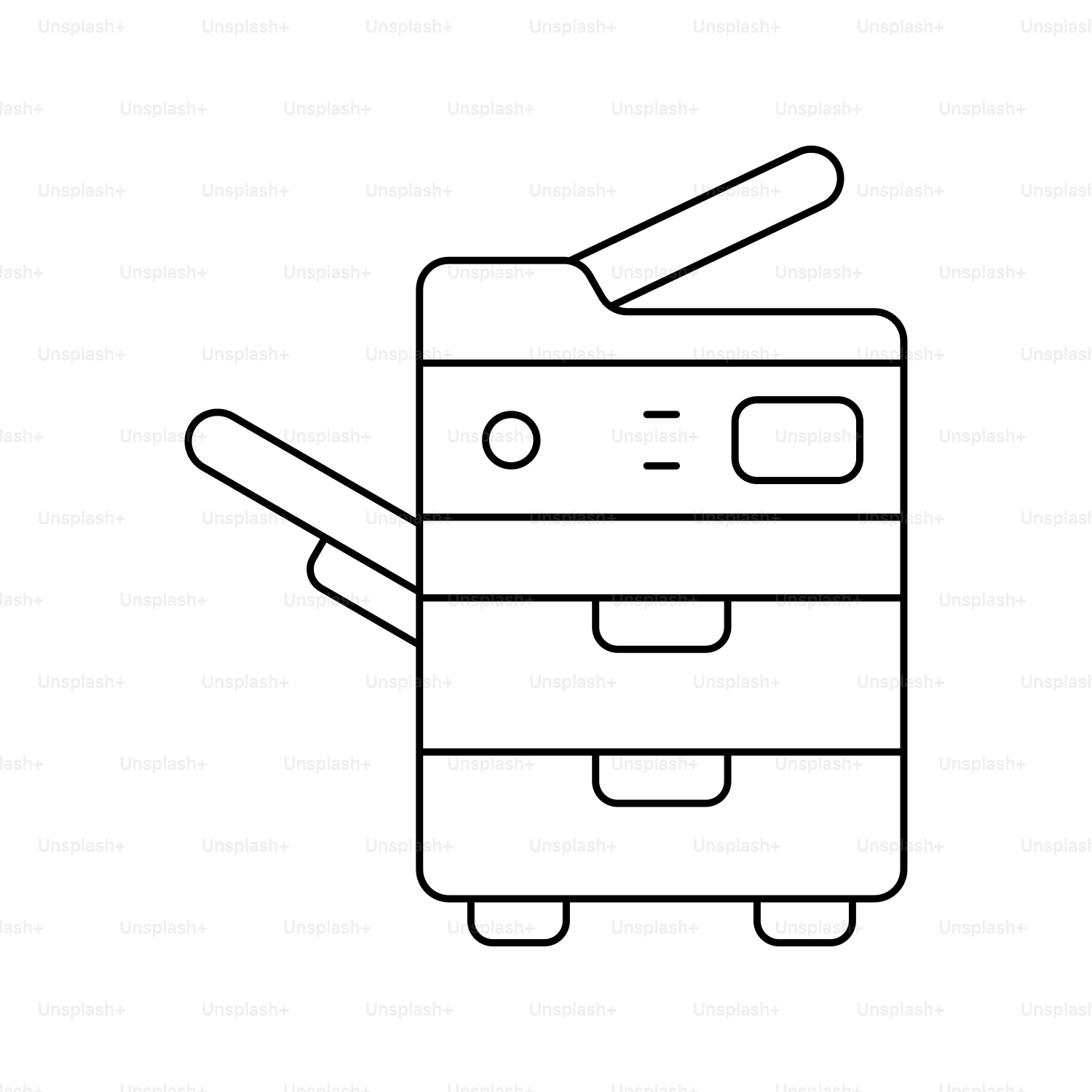 Eine einfache Strichzeichnung eines Kopierers.