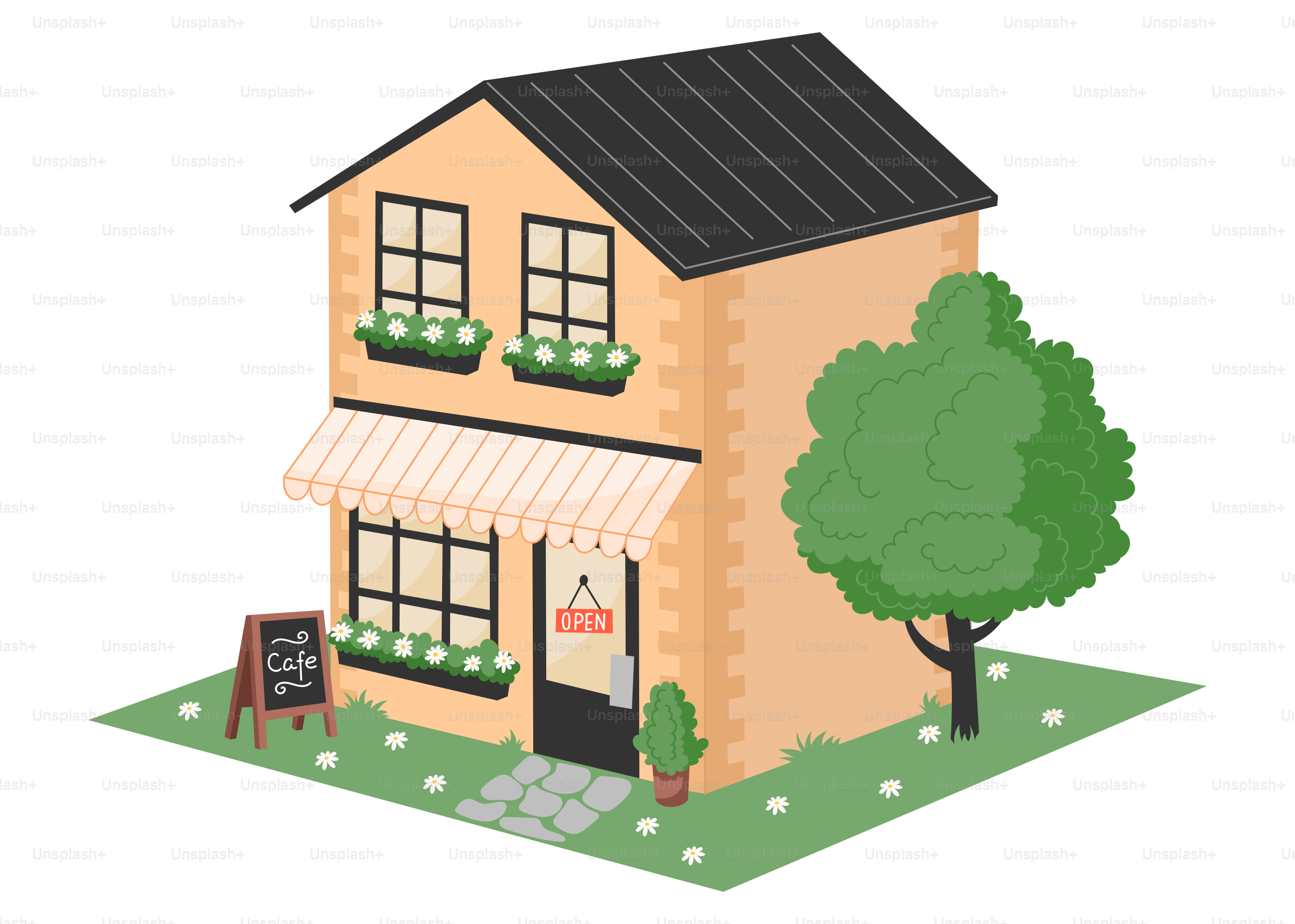A quaint cafe with a tree and flowers