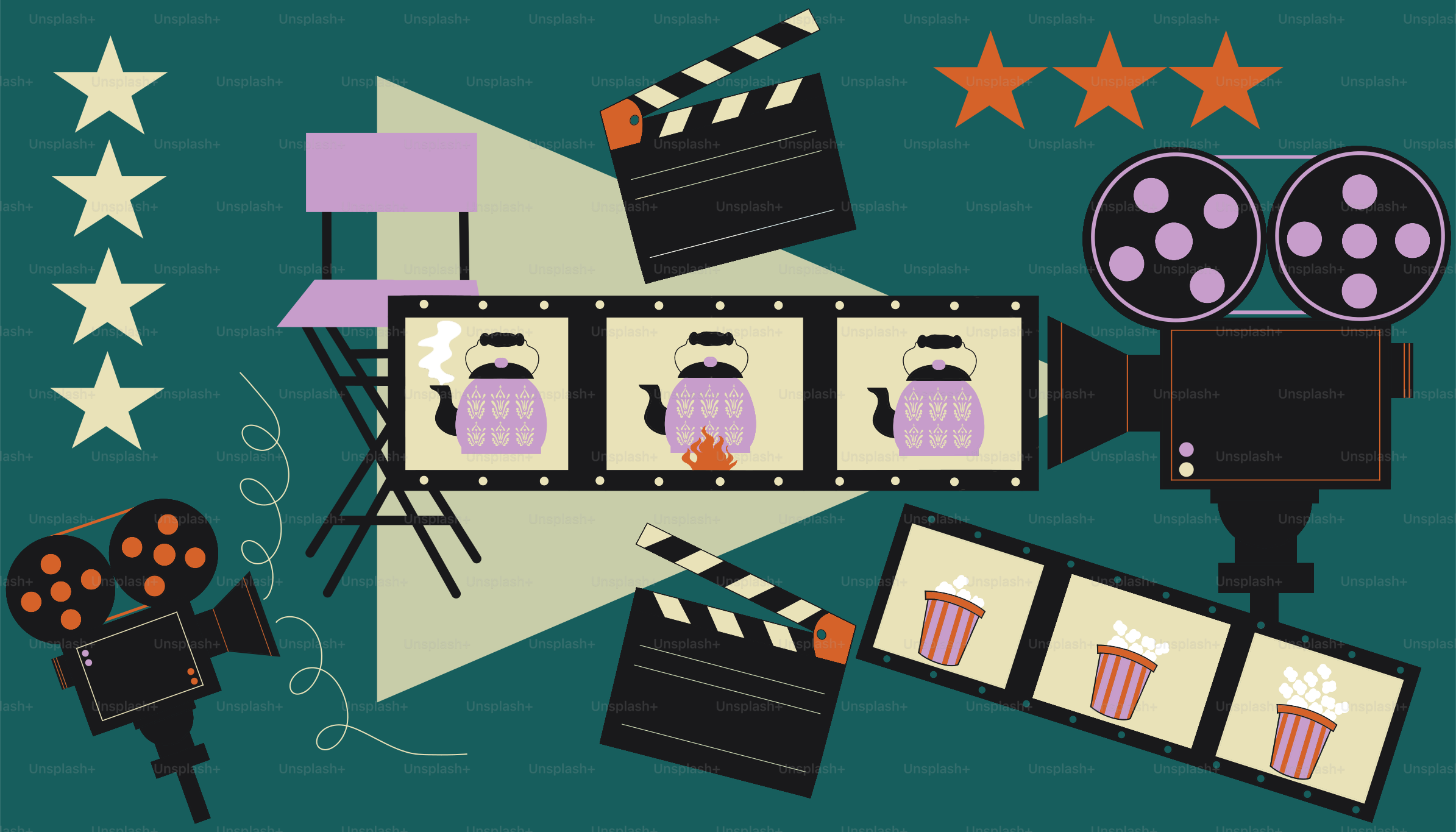 Vintage film equipment and movie clips with teapots and cupcakes.