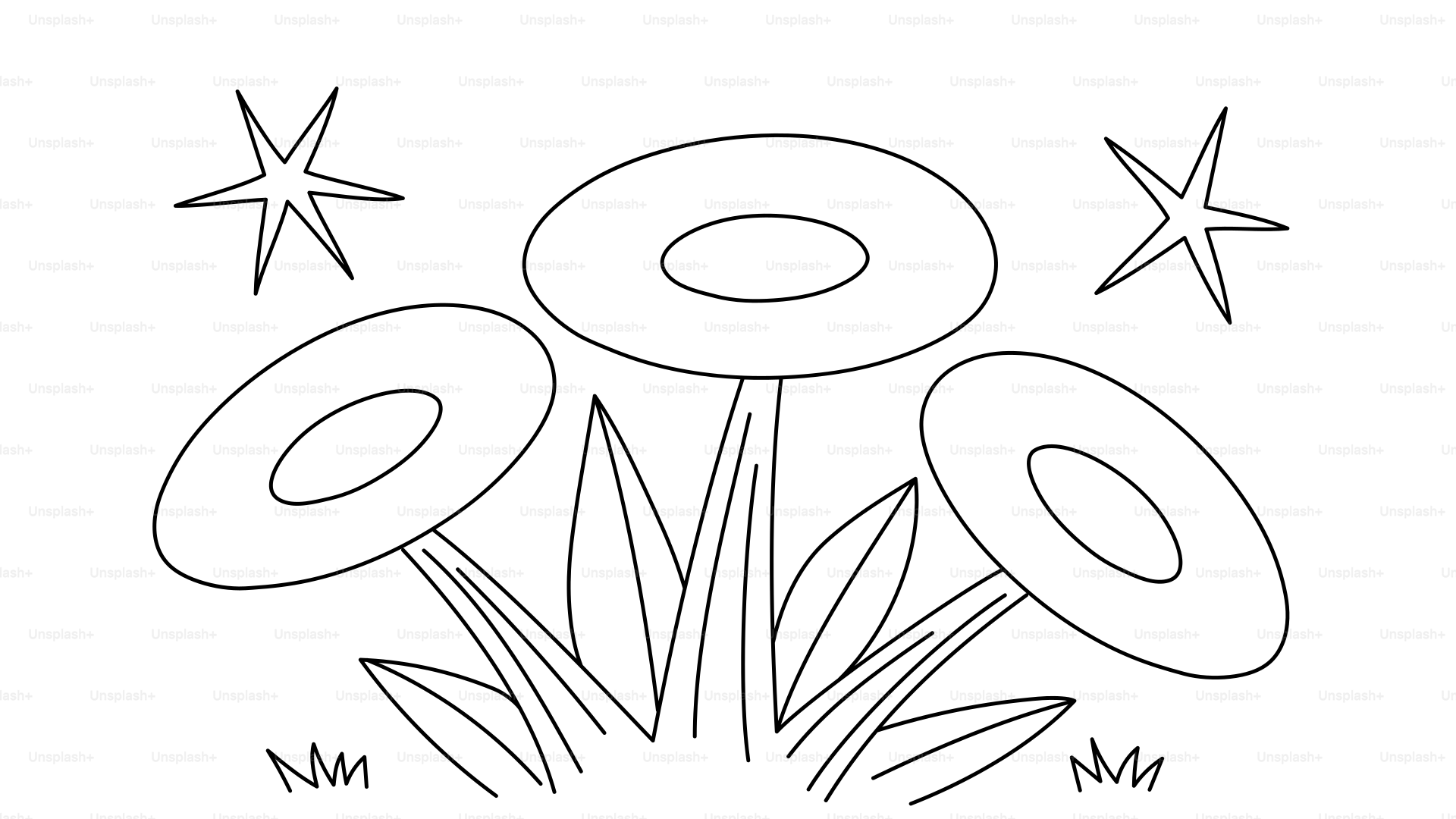 Three flowers with starbursts above them