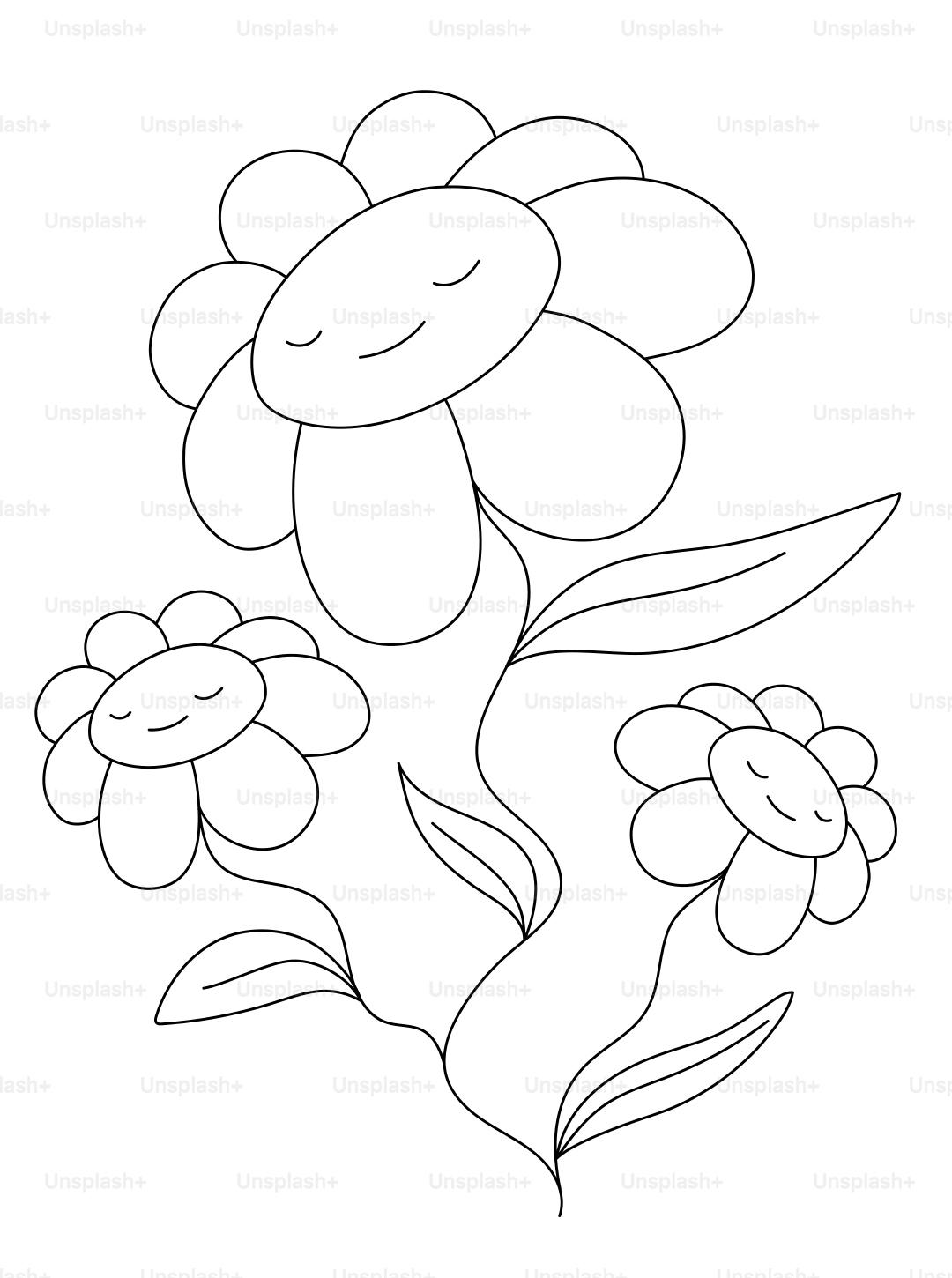 Tre fiori a cartone animato con occhi chiusi e sorrisi