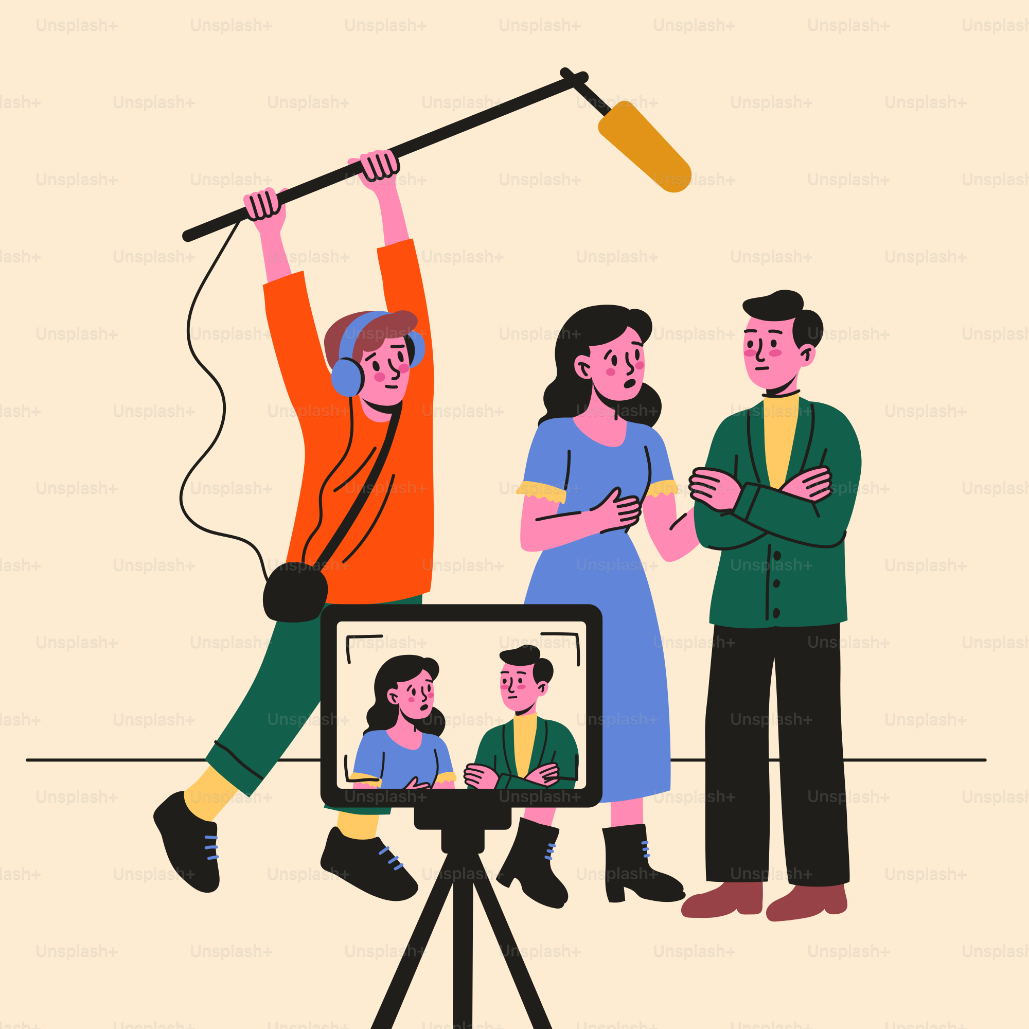 Filming a scene with a boom mic and camera.