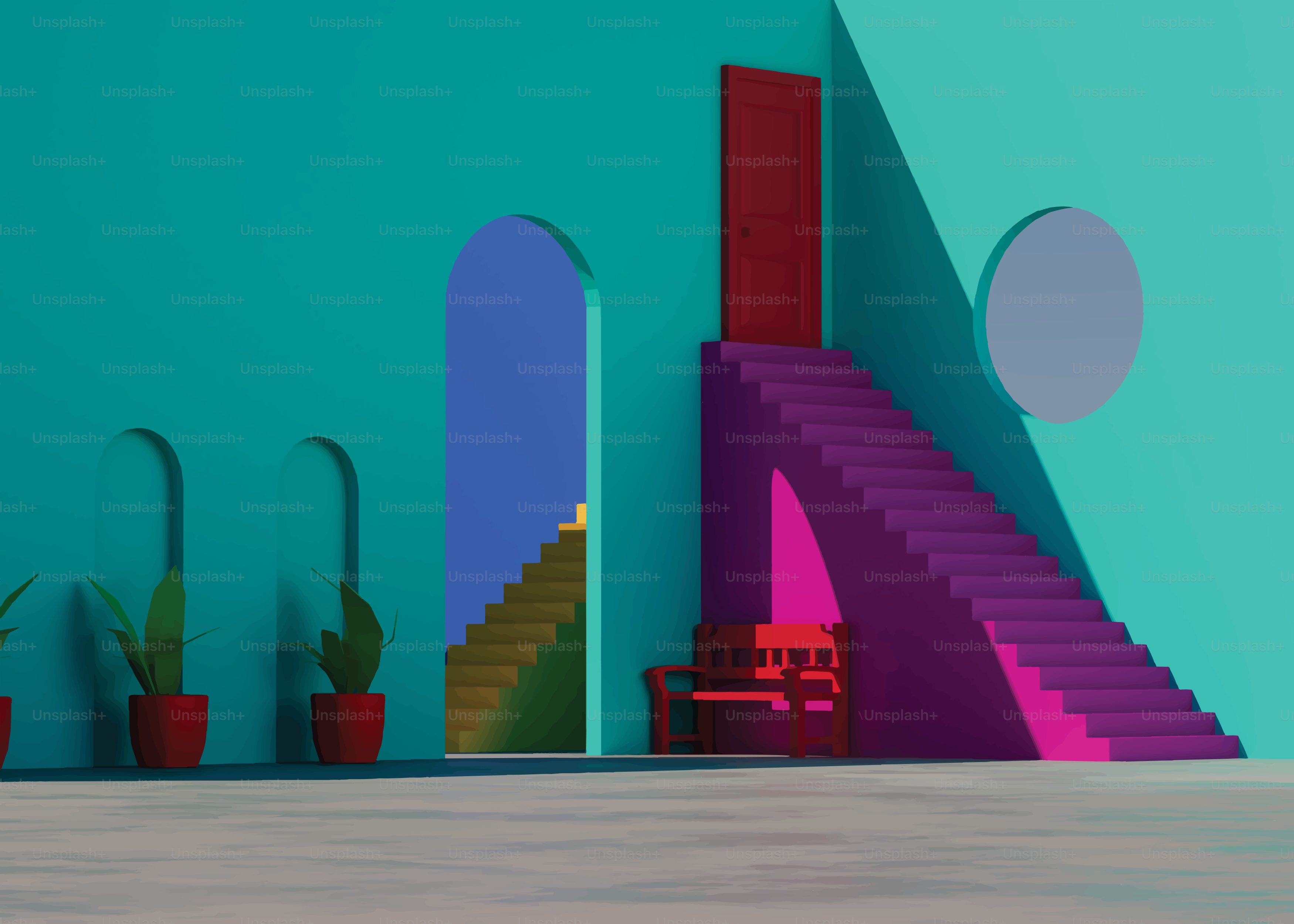 階段やアーチを備えたカラフルな抽象建築デザイン