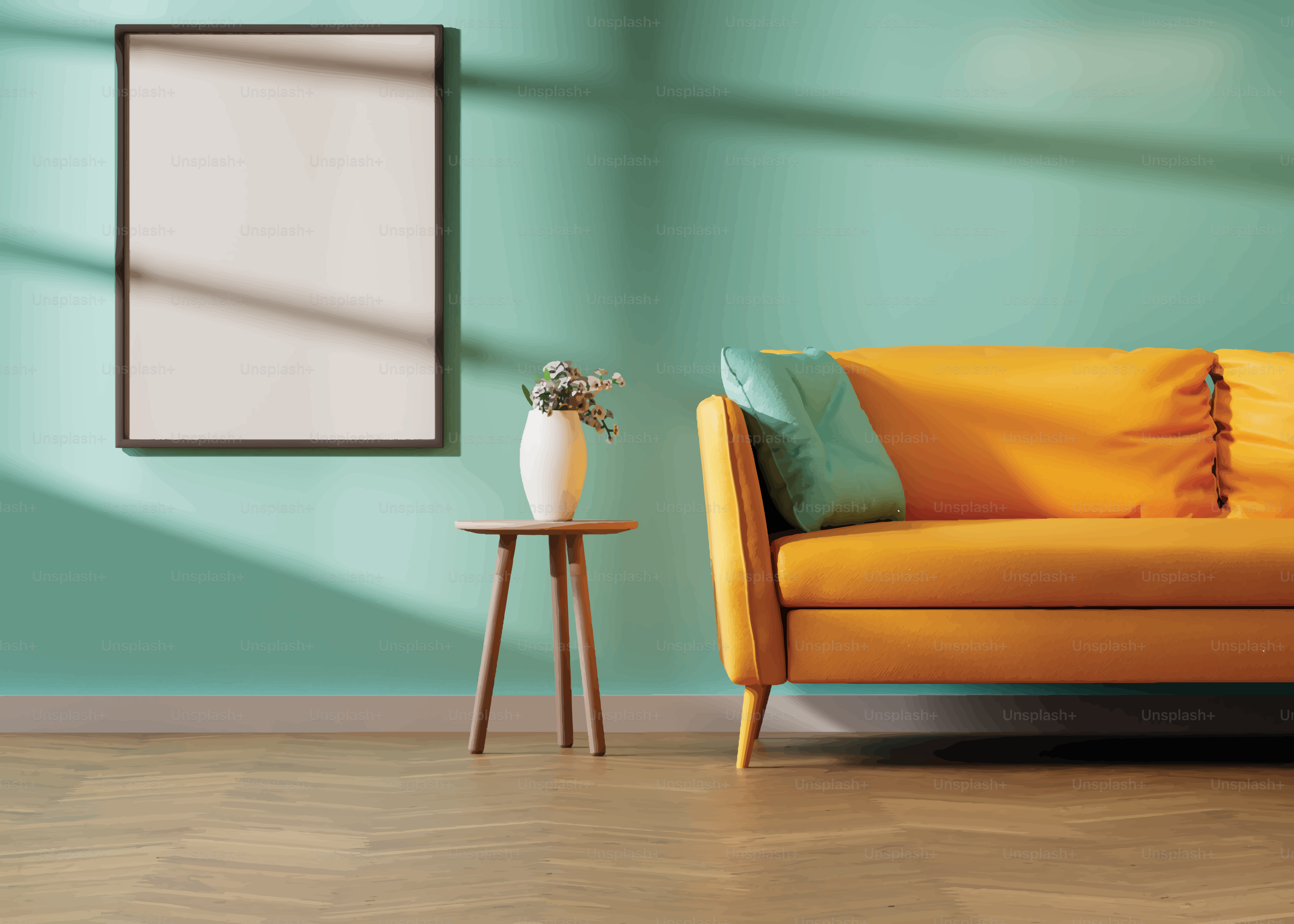 Orange sofa with pillows against teal wall.