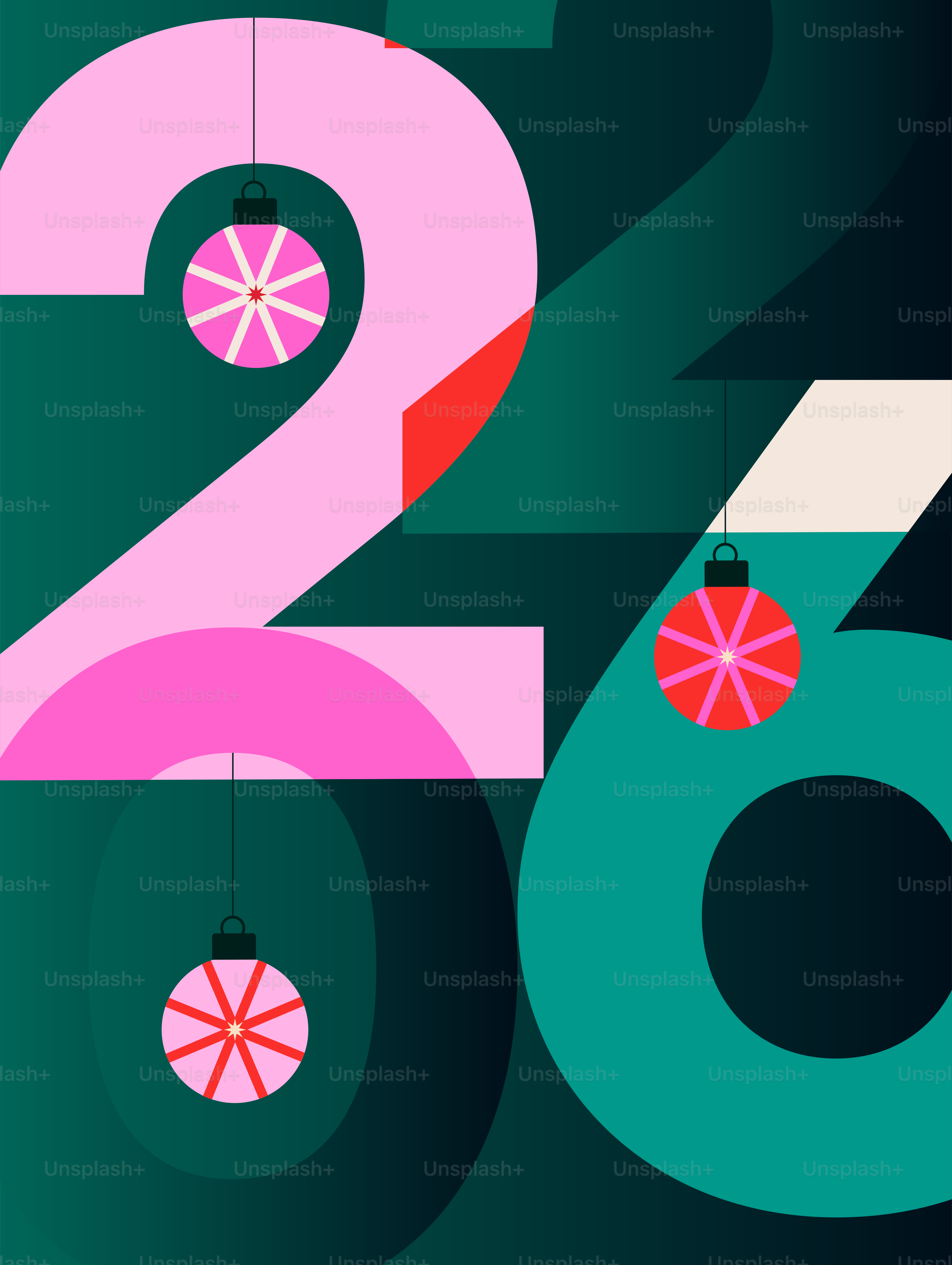 Rosa und türkisfarbene Zahlen 2026 mit Ornamenten