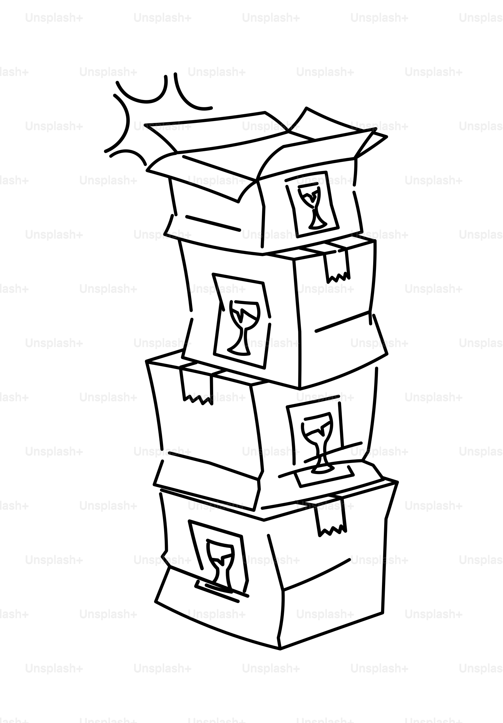 Stack of fragile boxes with wine glasses