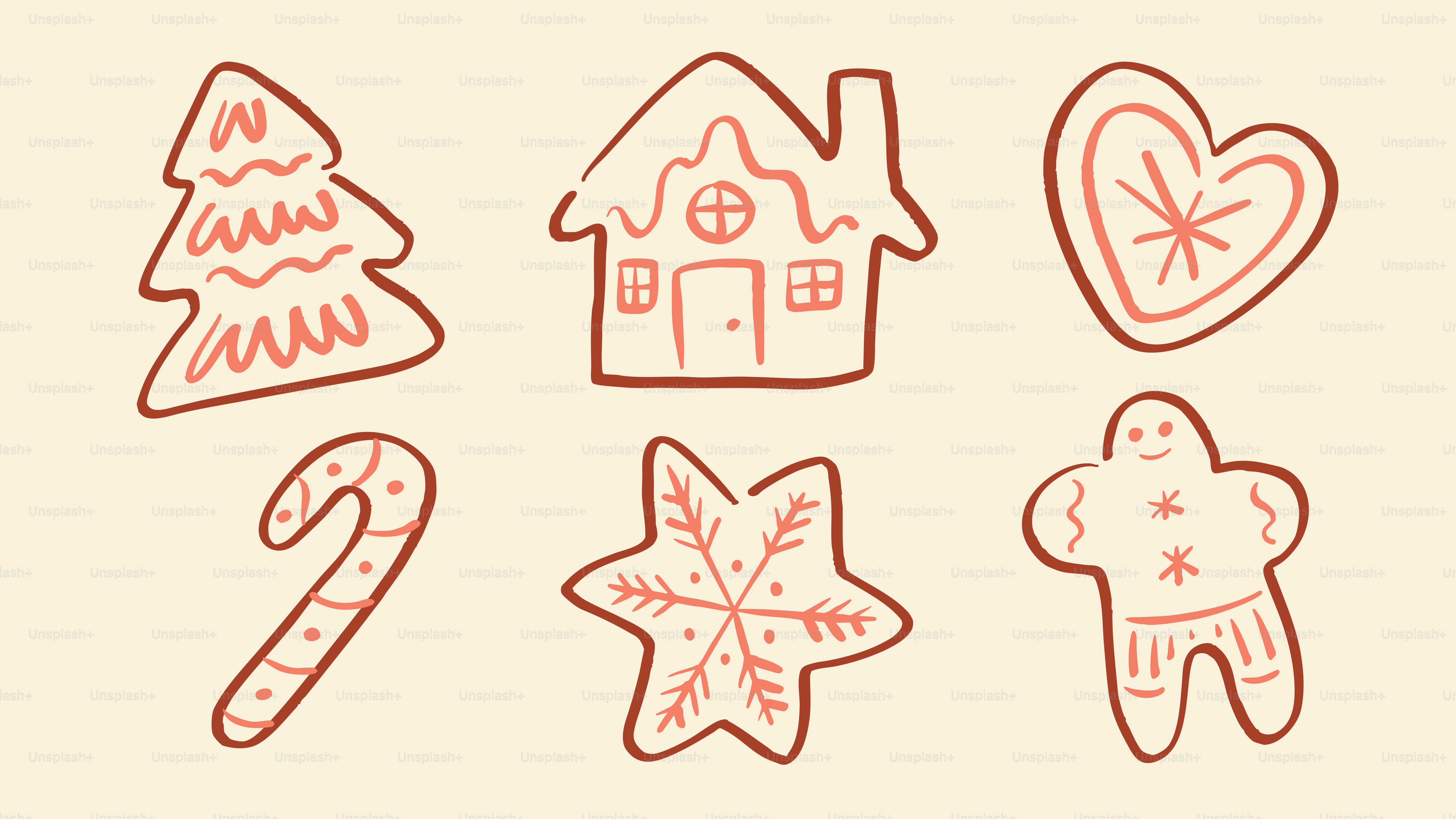 Six christmas cookies in various shapes on a cream background