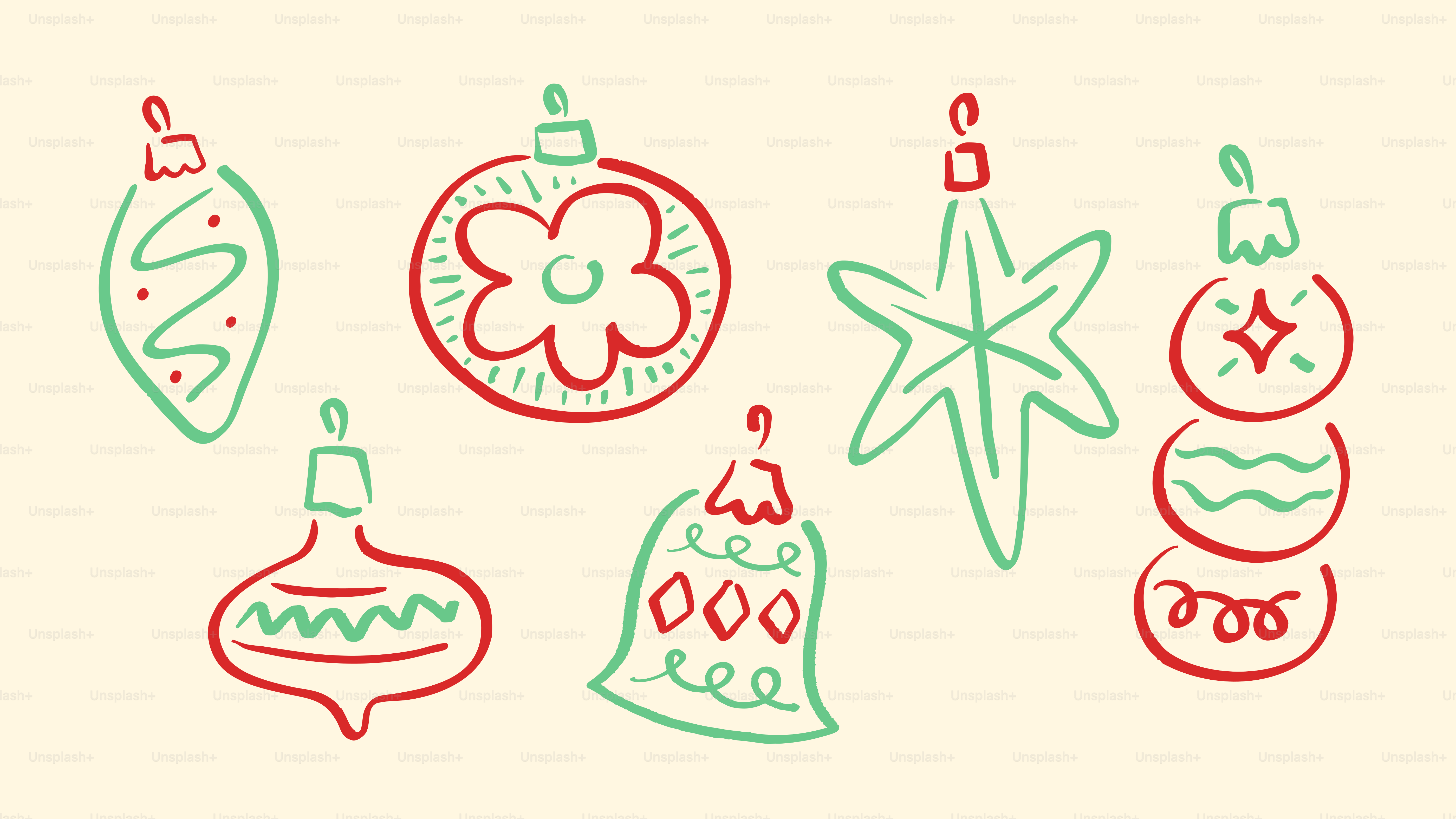 Hand-drawn christmas ornaments in red and green outlines.