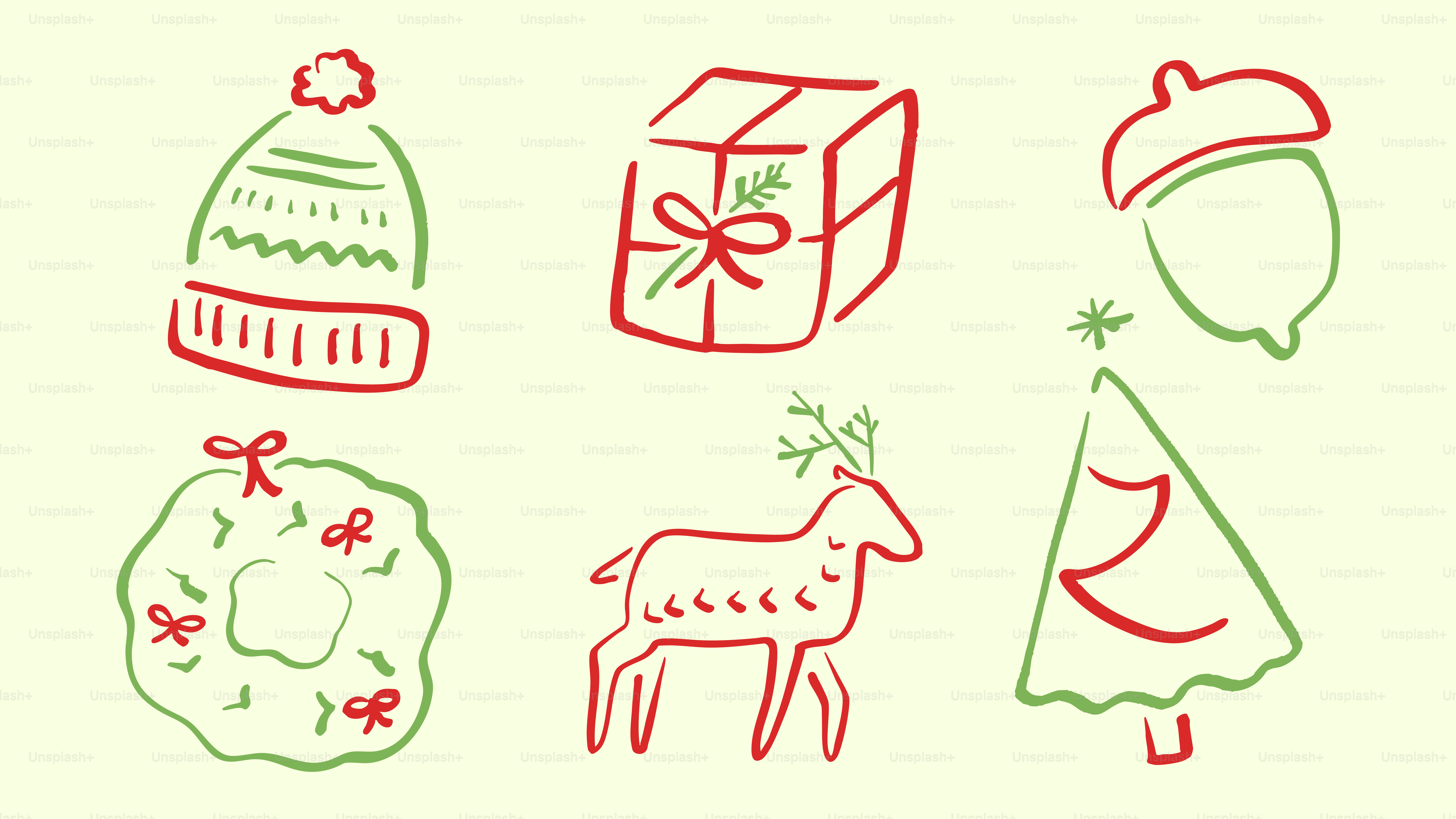 Christmas icons: hat, gift, acorn, wreath, reindeer, tree