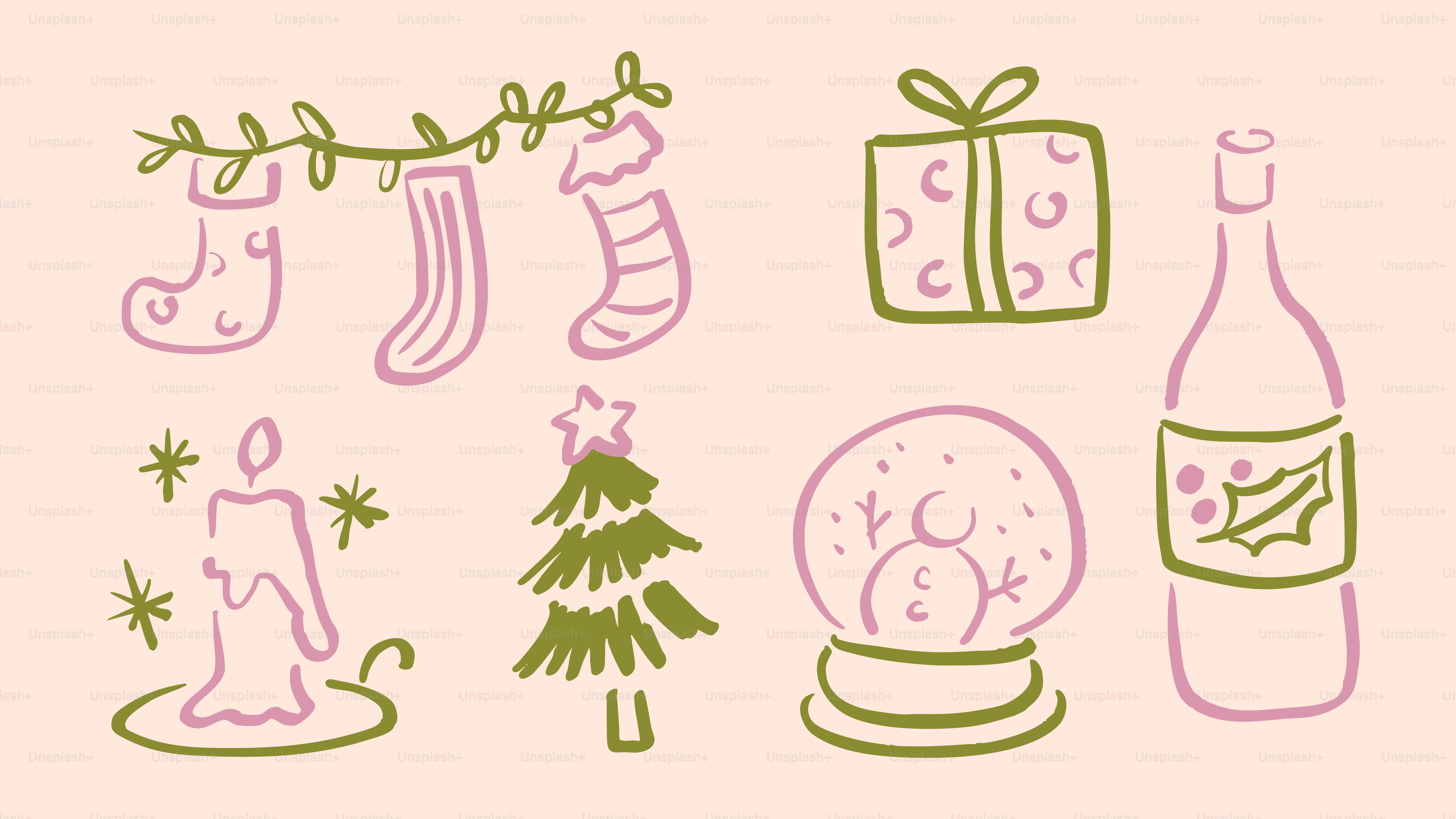 Christmas ornaments including stockings, gift, tree, and candle.