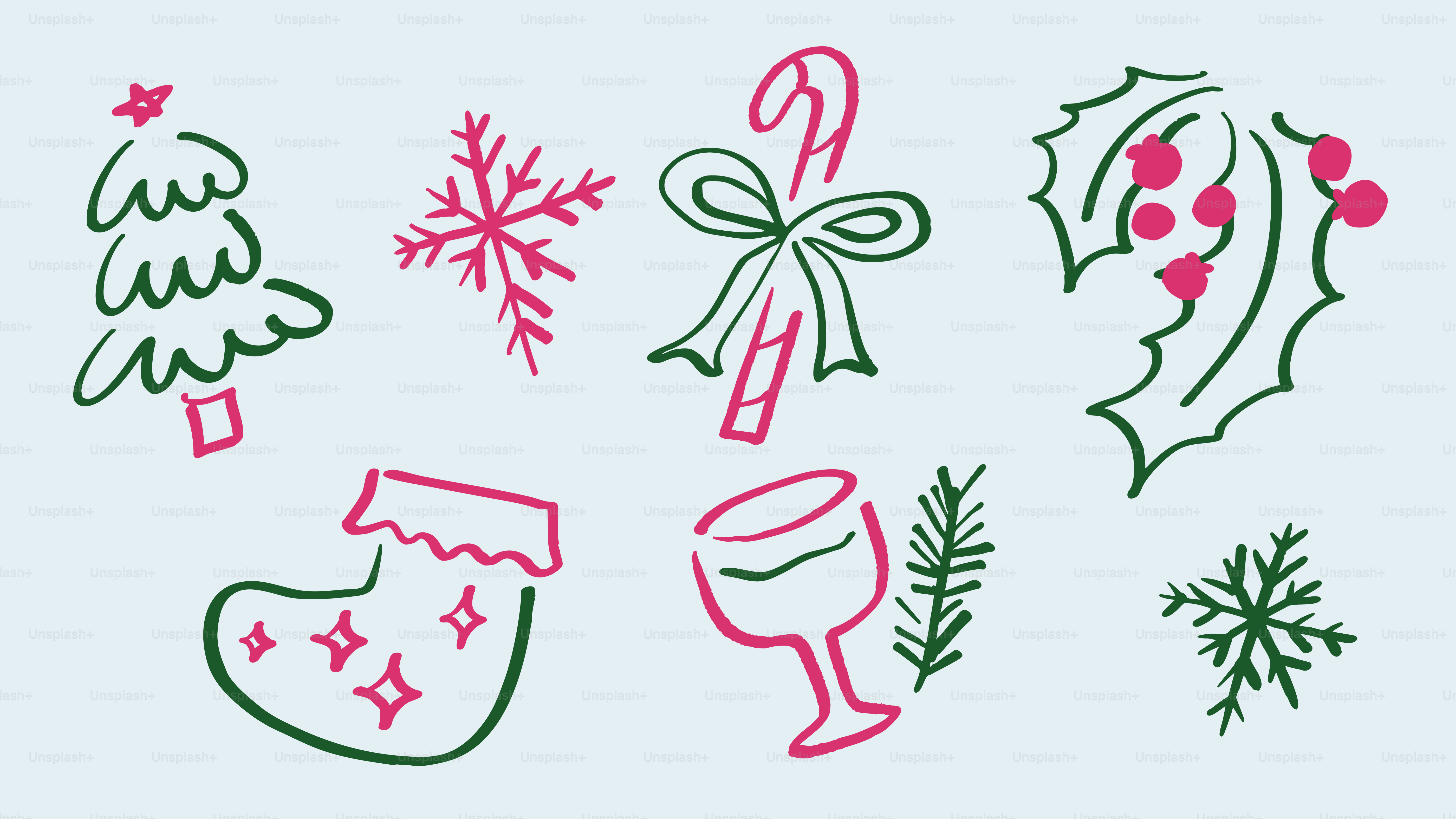 Christmas icons including tree, stocking, candy cane, and snowflakes.