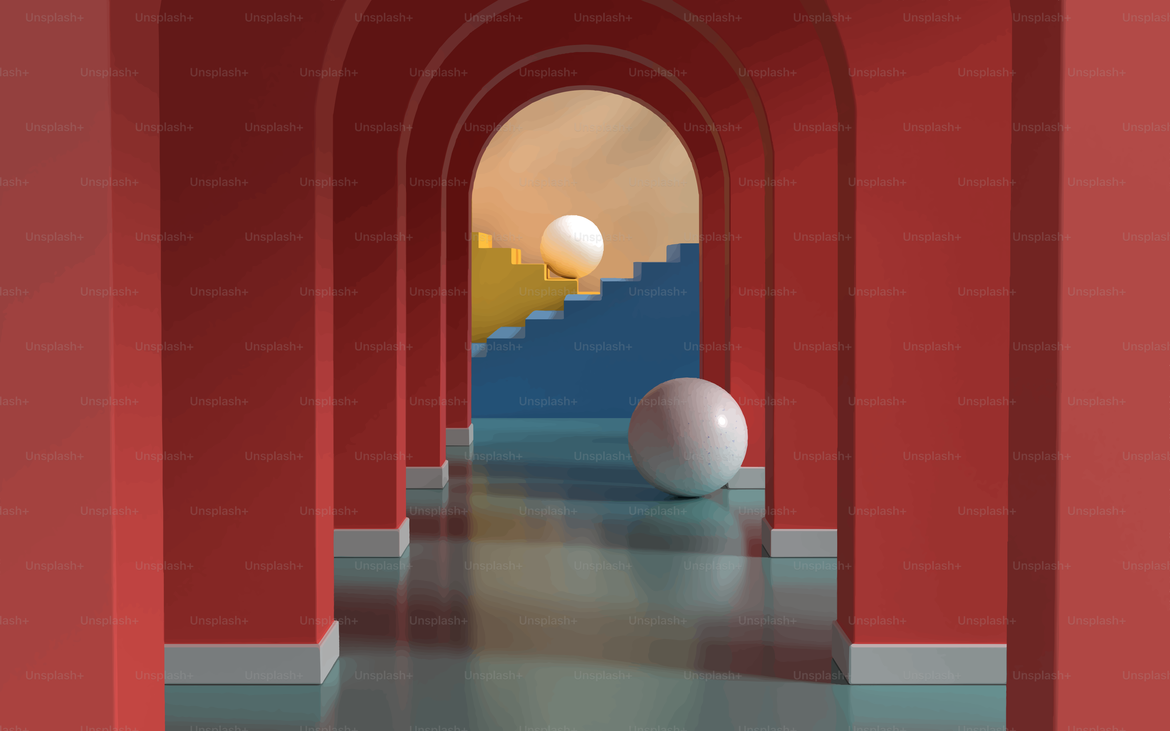 Arches rouges avec sphères et escaliers dans une architecture surréaliste