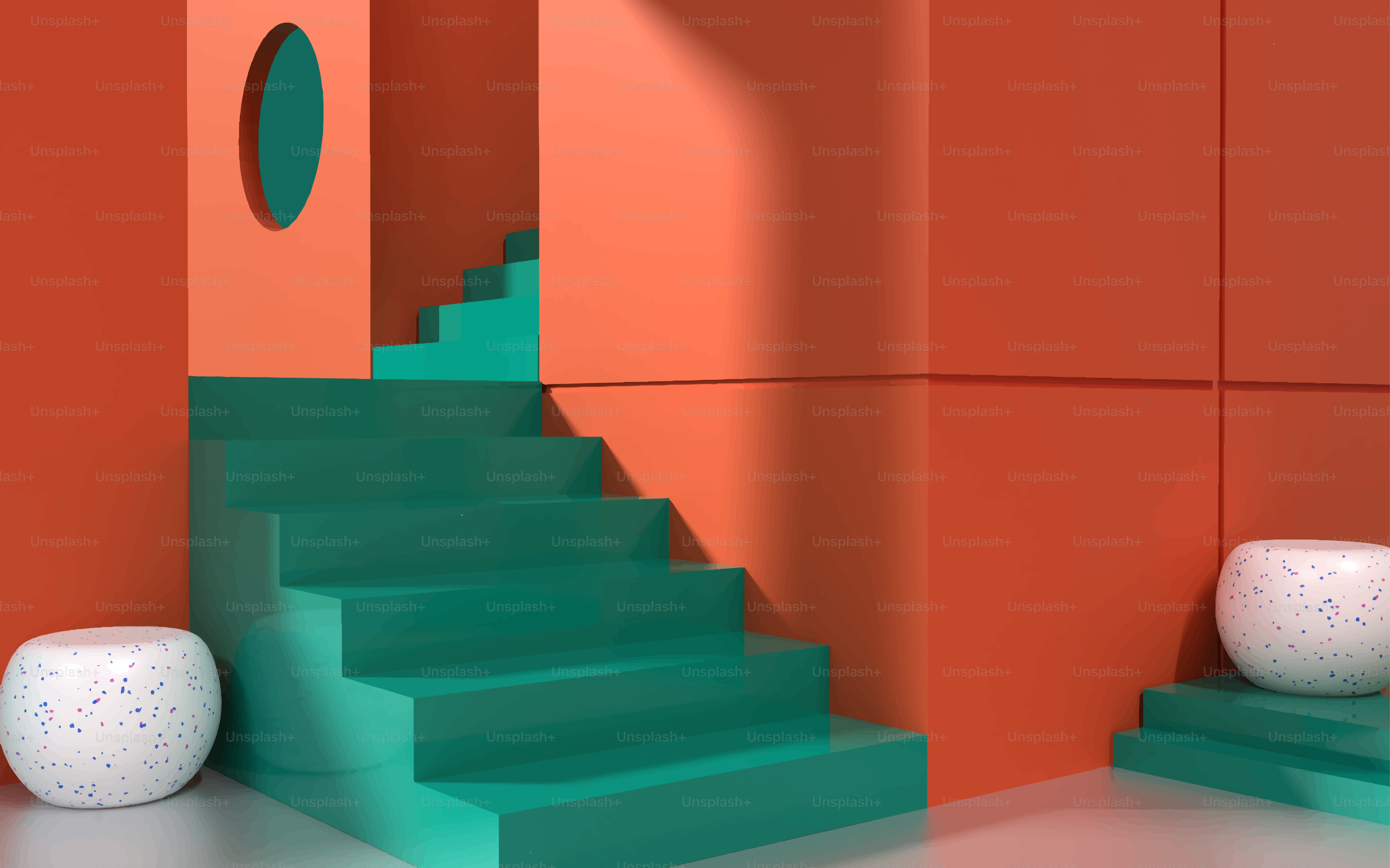 Coral and teal staircase with modern design elements