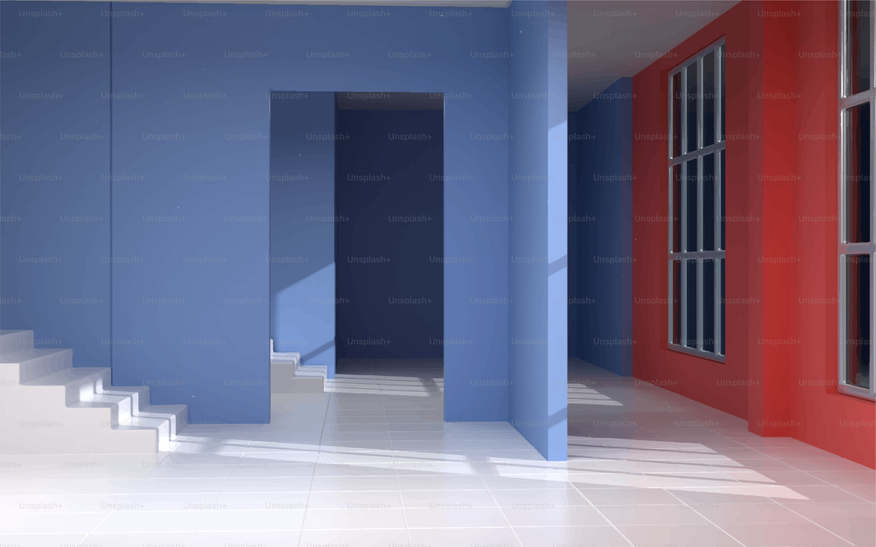 Modern interior with blue and red walls